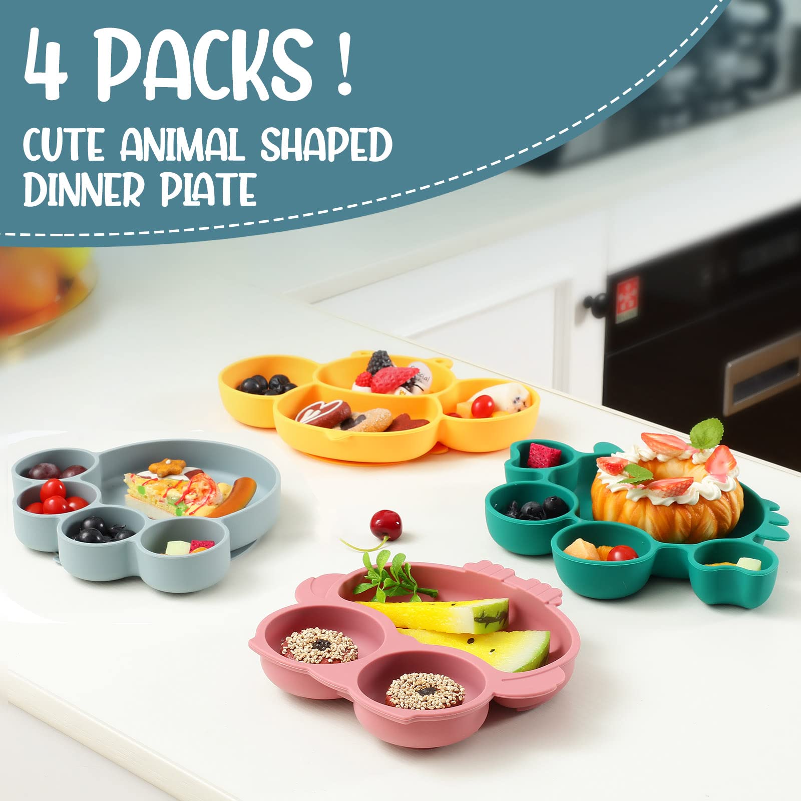 **Maxdot 4-Piece Silicone Baby Plates with Suction Base – Divided Toddler Dishes for Kids, Cute Animal Design – Microwave & Dishwasher Safe – Perfect for Baby Feeding, Snacks & Mealtime (Multi-Color)**    *(Use Cases: Ideal for home, daycare, travel, and on-the-go meals – keeps food separated and mess-free!)*