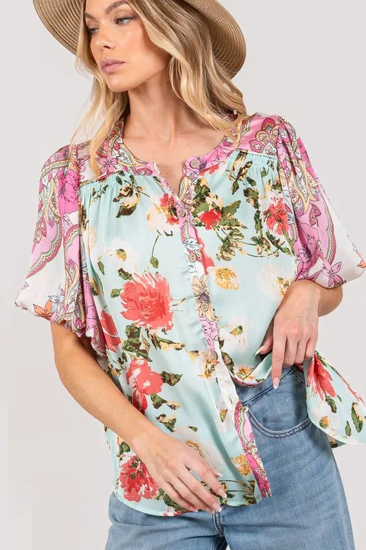 Plus Size Floral Print Mineral Wash French Terry Button Up Shirt for Women - Casual Loungewear & Spring Layering Top