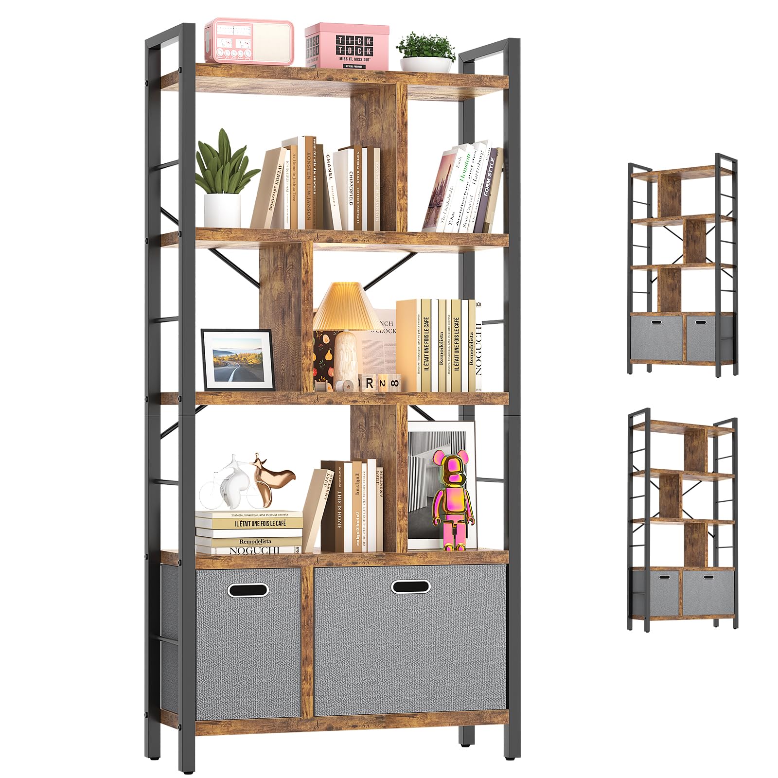 Armocity 5-Tier Geometric Bookcase with Drawers - Modern Tall Bookshelf with Storage, Rustic Brown Wooden Display Shelf for Living Room, Bedroom & Home Office - Perfect for Organizing Books, Decor & Office Supplies