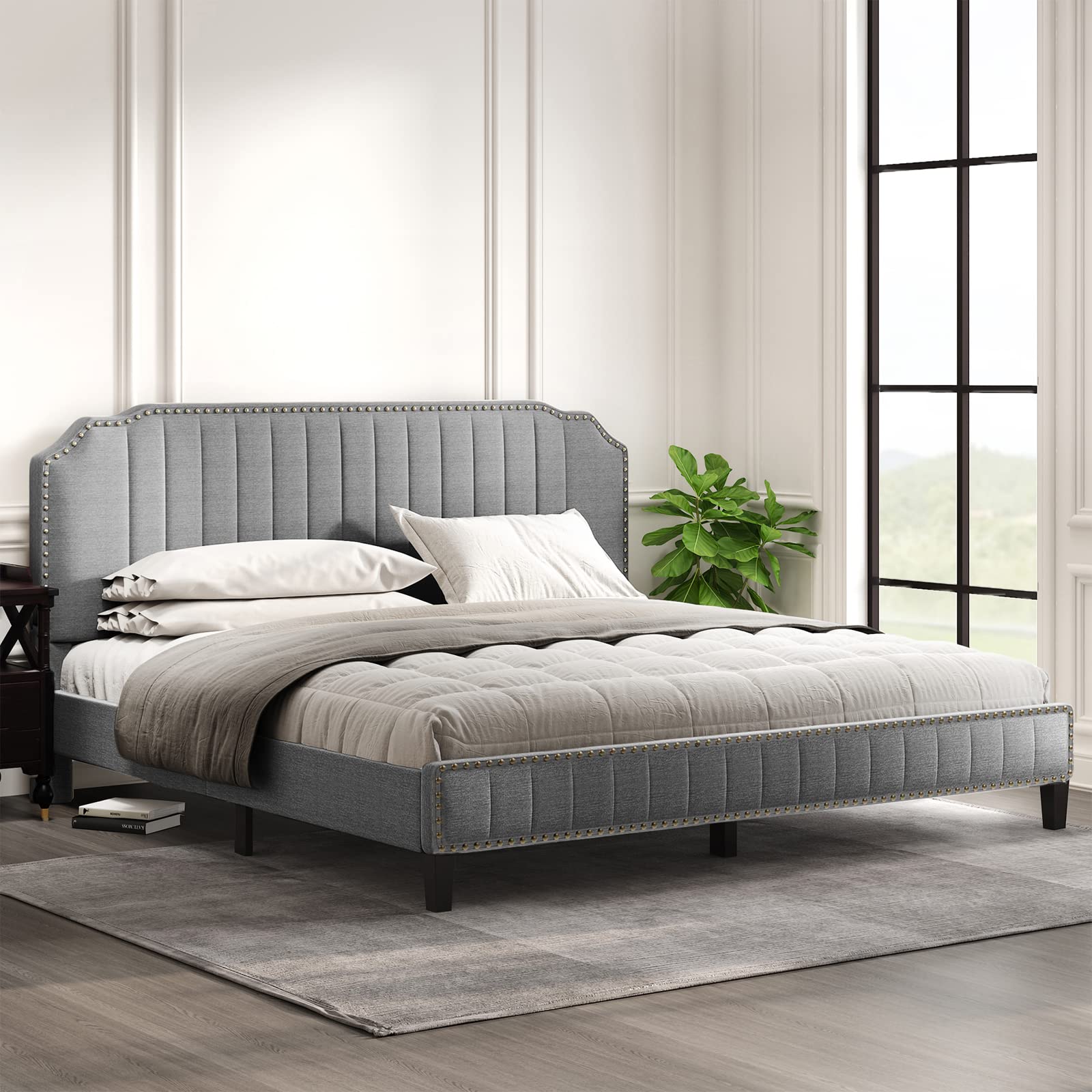 King Size Linen Upholstered Platform Bed Frame with Nailhead Trim - Modern Heavy Duty Bed Frame for Master Bedroom, Guest Room & Luxury Apartments