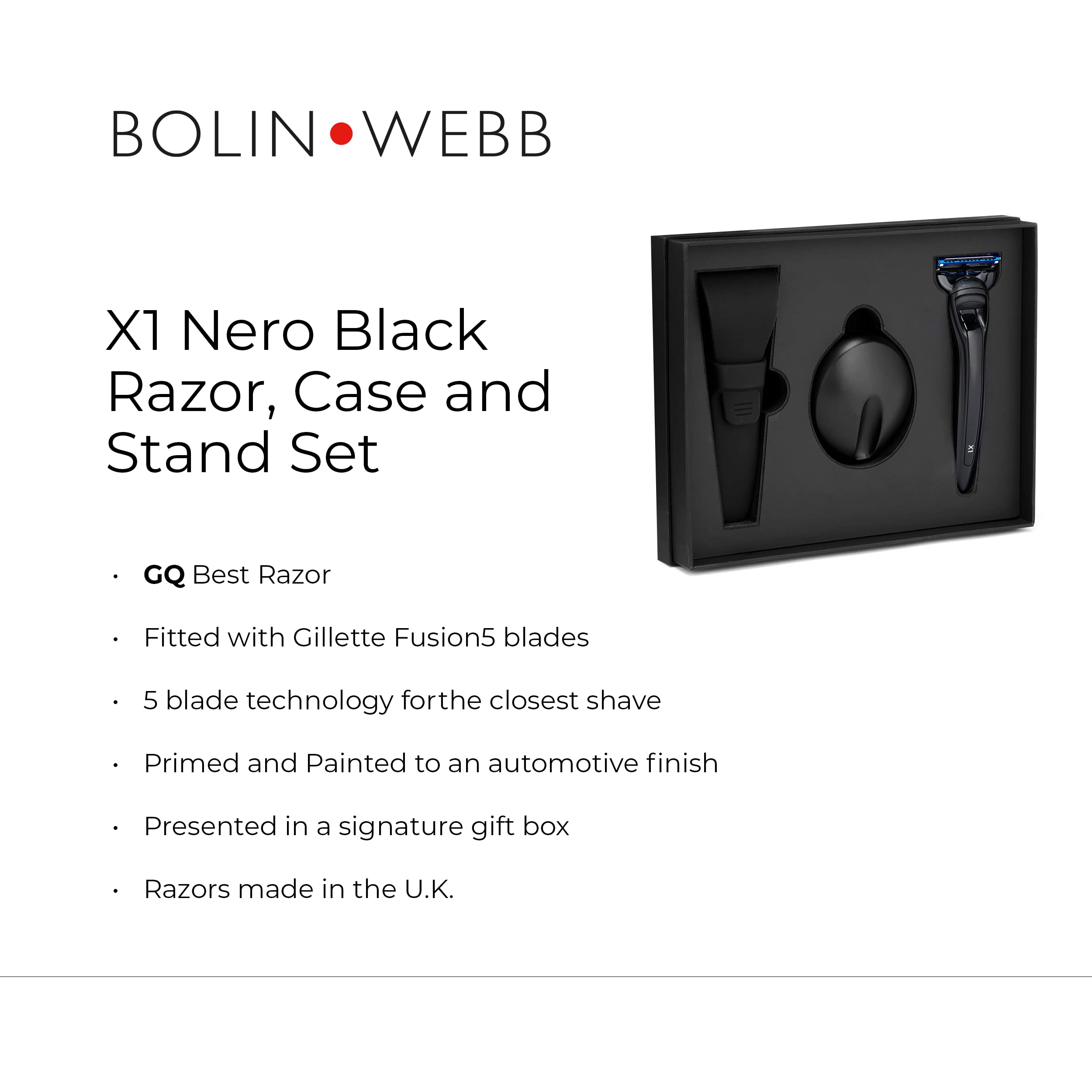 Bolin Webb X1 Razor Handle with Stand & Waterproof Travel Case - Nero Black | Fitted with Gillette Fusion5 Blades | Premium British-Made Men's Shaving Kit | Perfect for Travel, Gifts & Daily Grooming Routine
