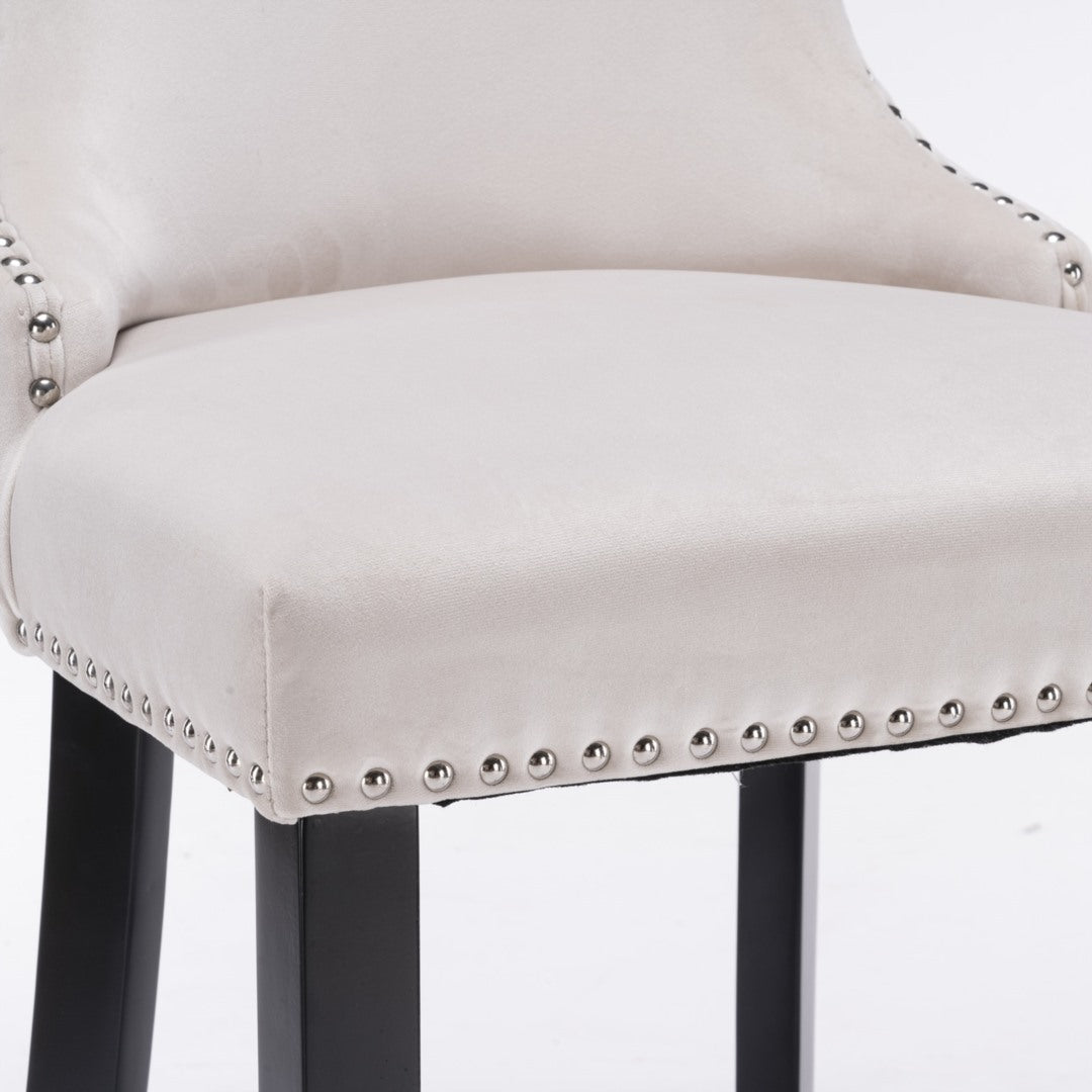 Velvet Upholstered Button Tufted Bar Stools with Wood Legs and Studs - Set of 2 Beige Counter Height Stools for Kitchen Island, Breakfast Bar or Home Decor