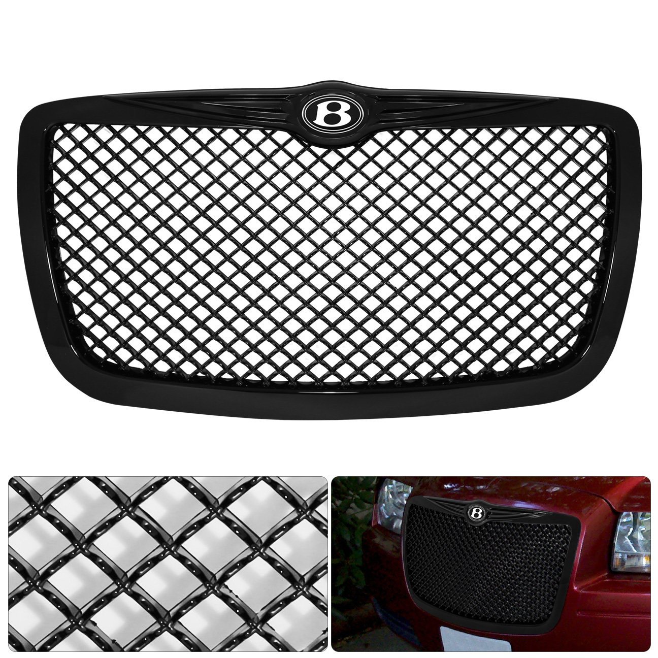 Upgraded Black Diamond Mesh Front Hood Grille for Chrysler 300 & 300C - Bentley Style Logo Emblem Replacement | Perfect for Car Enthusiasts & Luxury Vehicle Upgrades