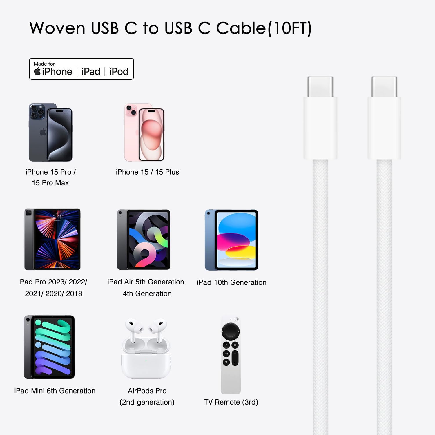 Premium Braided USB-C to USB-C Charging Cable for AirPods Pro 2nd Gen - Fast Charging Cord Compatible with iPhone 15, iPad, MacBook, TV Remote & More - Durable Woven Cable for Home, Office & Travel Use