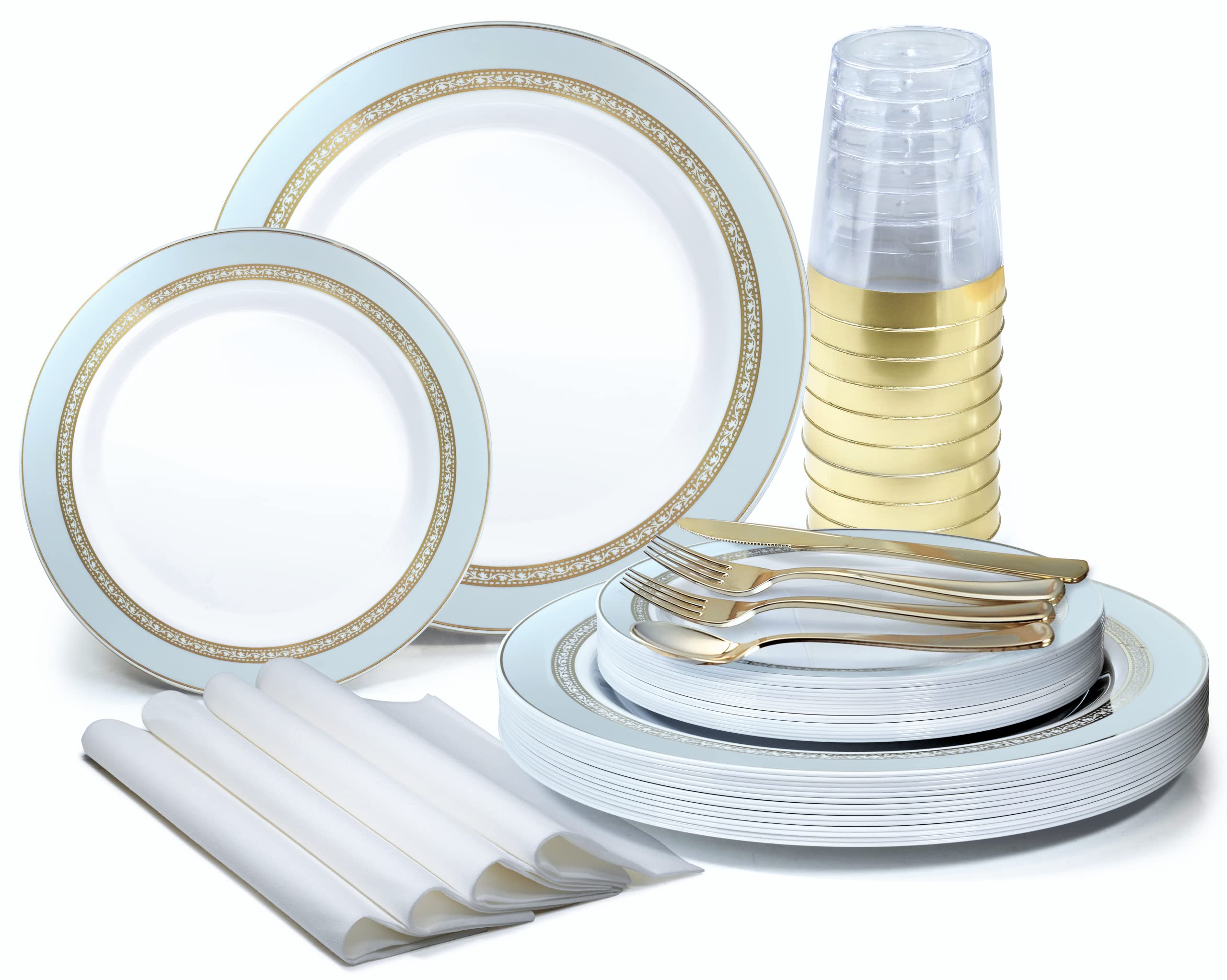 320-Piece Heavyweight Disposable Plastic Plate Set for Weddings & Parties - 40 x 10.5'' Dinner Plates, 40 x 7.5'' Dessert Plates, Silverware, Cups & Napkins (Ritz Blue & Gold) - Perfect for Large Gatherings, Catering Events & Special Occasions
