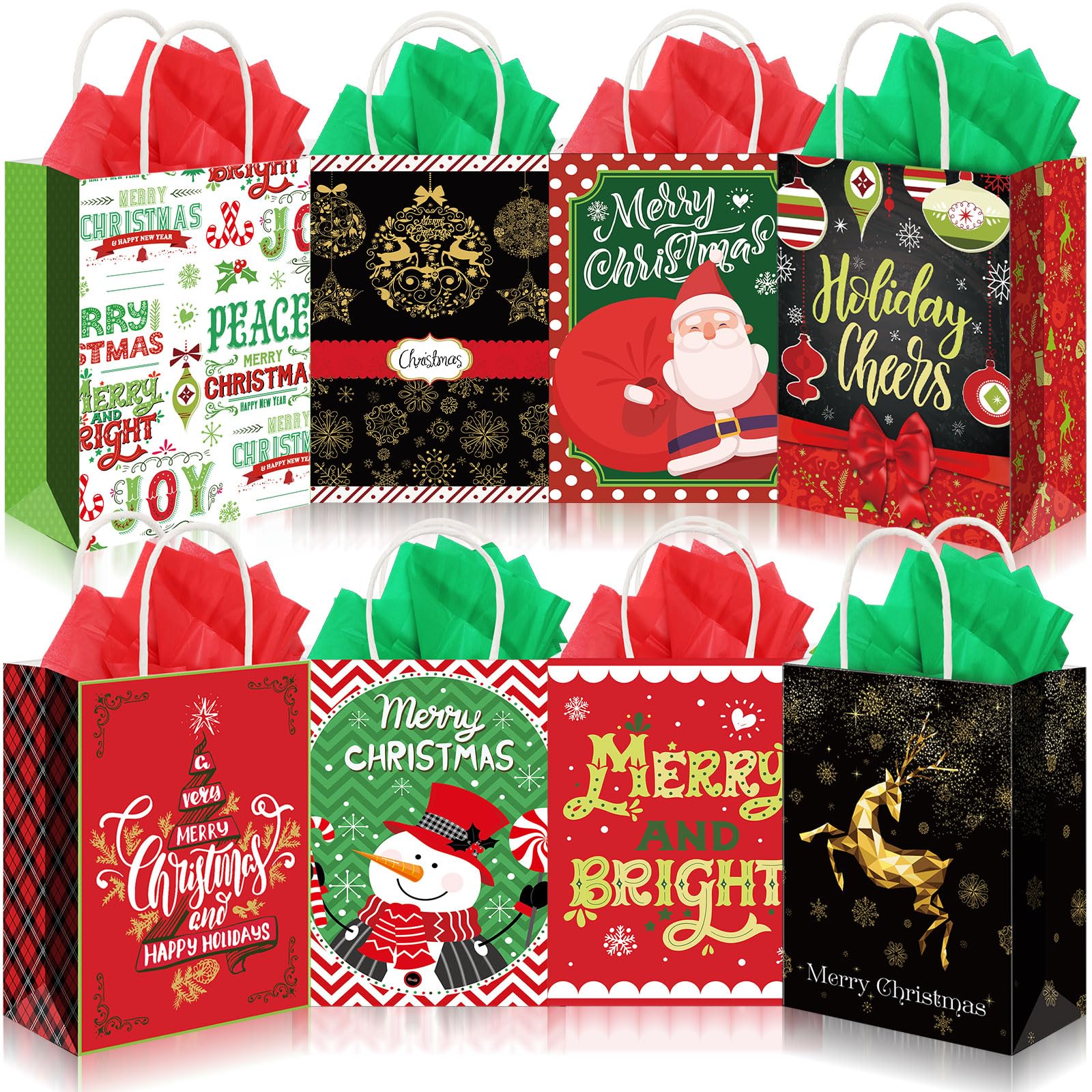 40 Pack Small Christmas Gift Bags with Handles - Kraft Paper Holiday Favor Bags with Tissue Paper (8.27x5.91x3.15 Inch) - Perfect for Xmas Party Favors, Stocking Stuffers & Holiday Gift Wrapping