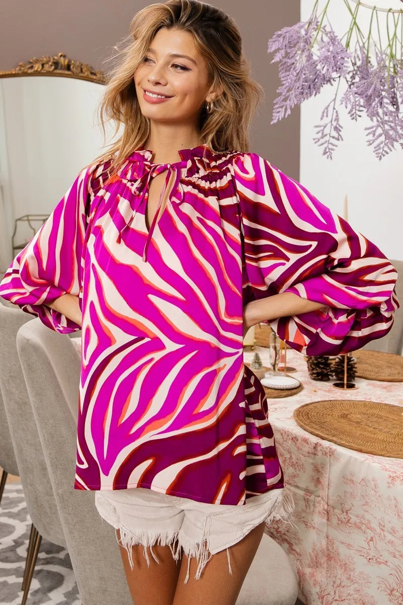 Bibi Tied Neck Half Balloon Sleeve Zebra Print Satin Blouse for Women | Elegant Party Top for Night Out & Date Night
