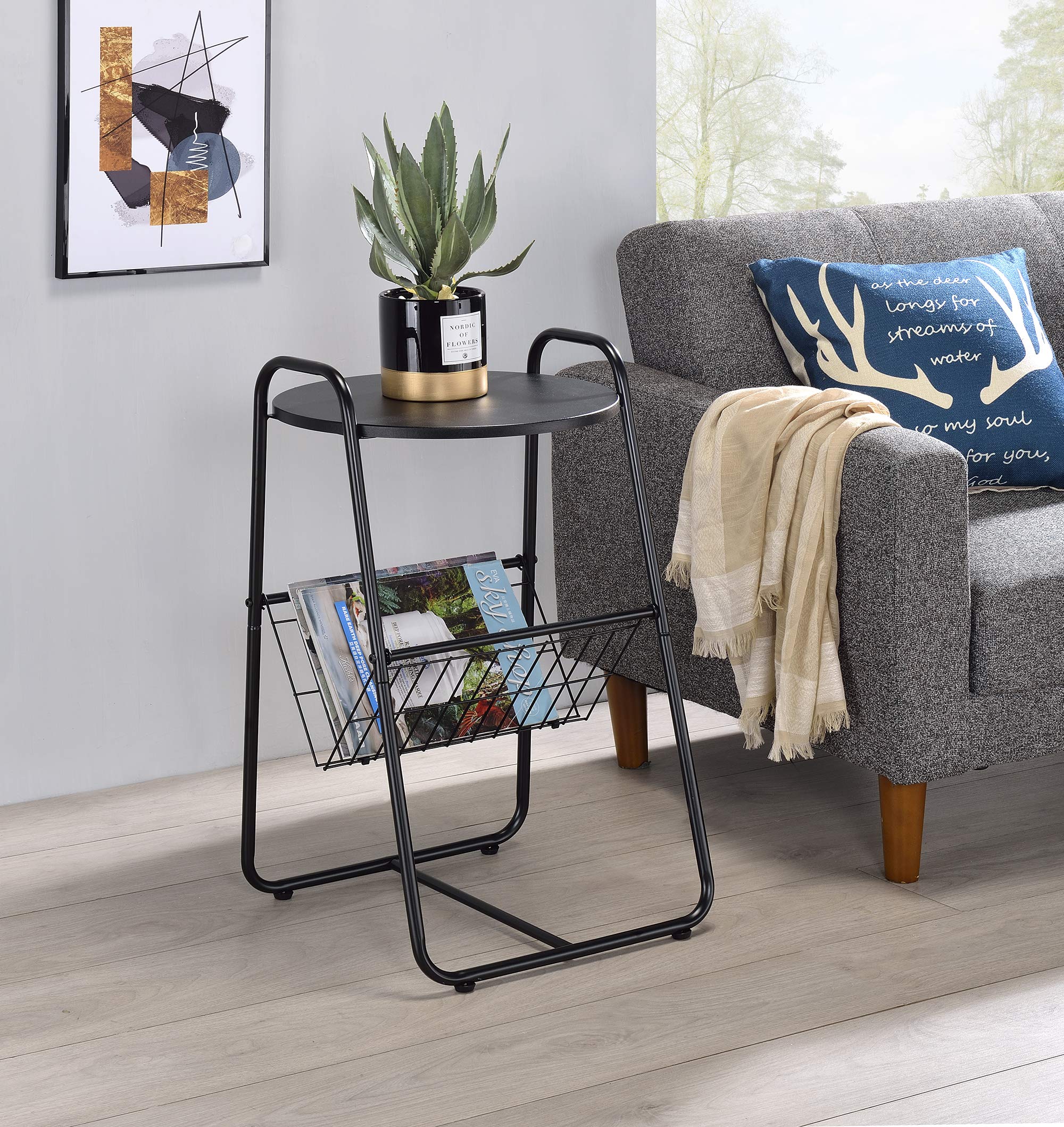 Proman Products Coto Side Round End Table with Magazine Holder - Black - Perfect for Living Room, Bedroom, or Office Decor