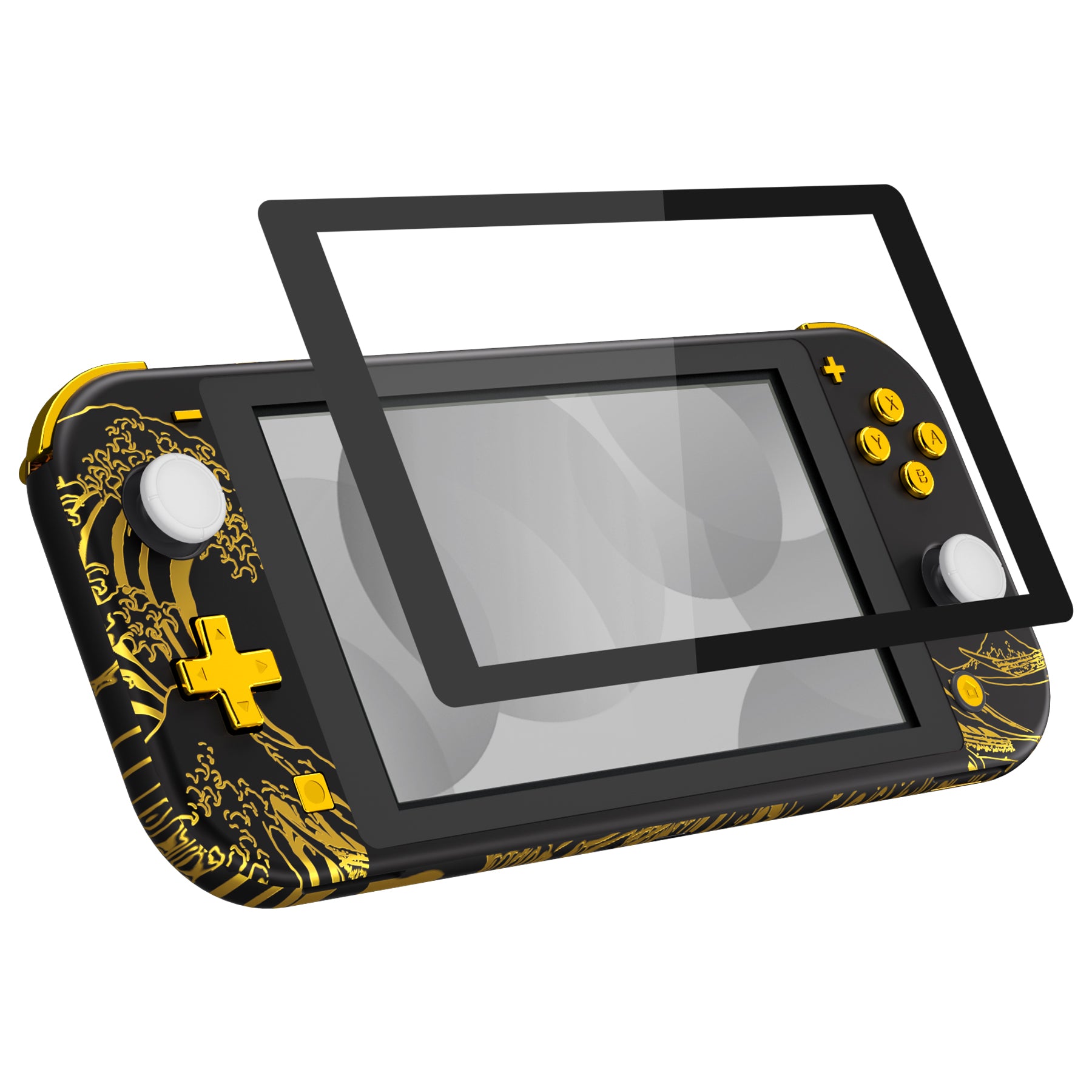 eXtremeRate Golden Wave Off Kanagawa Black DIY Replacement Shell for Nintendo Switch Lite - Custom Controller Housing with Screen Protector | Durable Case Cover for NSL Handheld Console | Perfect for Gaming Enthusiasts & Travel Protection