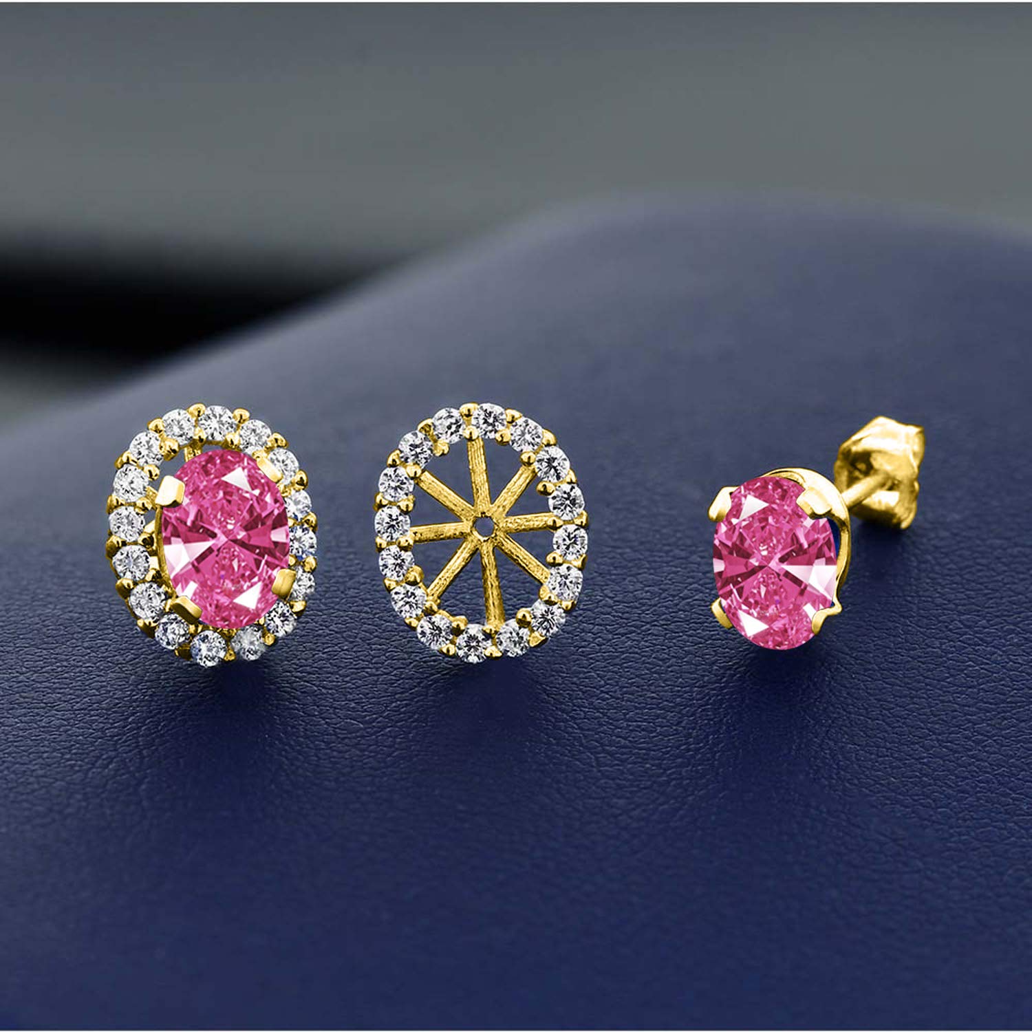 18K Gold Plated Silver Oval Pink Zirconia Stud Earrings for Women | Removable Jacket Design | Gem Stone King | Perfect for Parties, Weddings & Everyday Wear