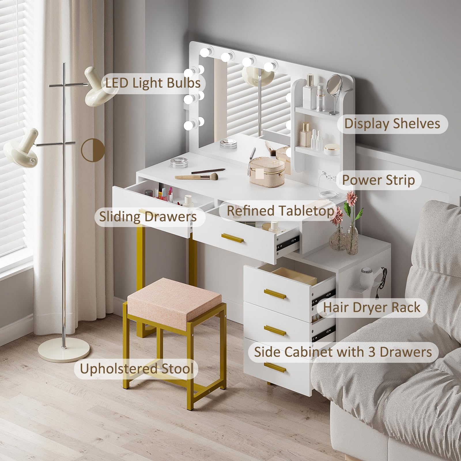White Makeup Vanity Desk with LED Lights & Mirror - 3 Color Modes, 5 Drawers, Power Outlet & Chair Set - Perfect for Bedroom, Dressing Room & Beauty Salon