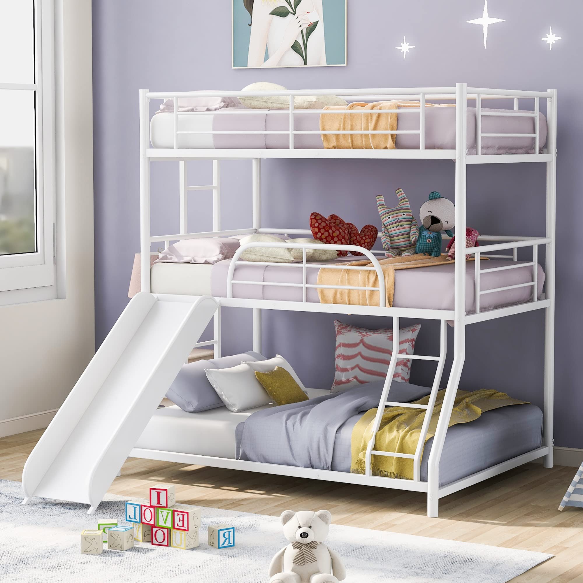 Simple Twin Over Twin Over Full Triple Bunk Bed with Ladder & Guardrails - White | Easy Assembly | Space-Saving Kids Bedroom Furniture for Siblings or Sleepovers