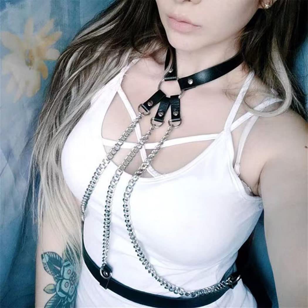 Flovel Punk Leather Body Chain - Black Gothic Waist Harness, Bikini Chest Chain Belt for Women & Girls | Perfect for Rave, Nightclub, Music Festival & Gothic Fashion Outfits
