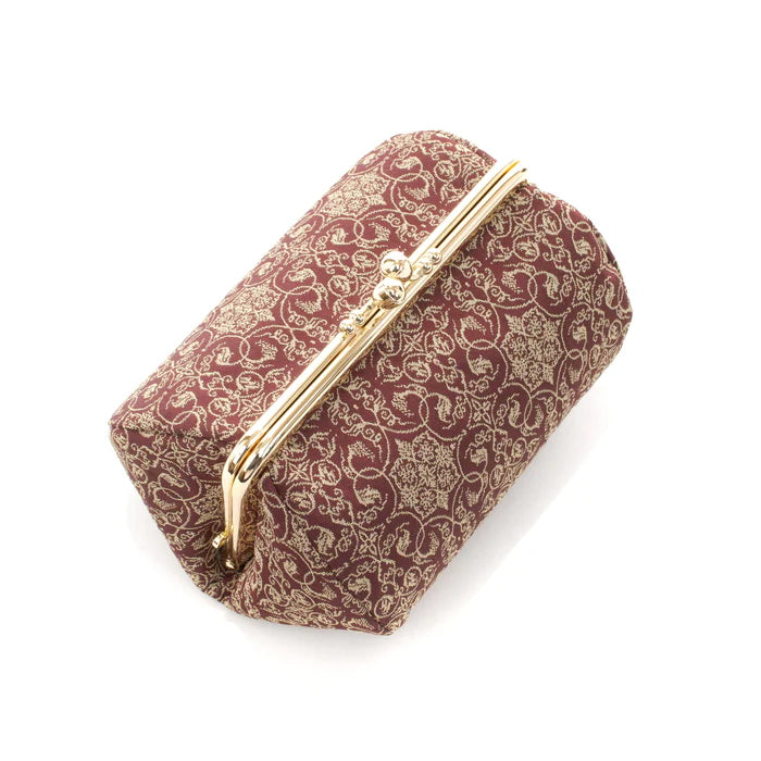 Handmade Kyoto Nishijin Silk Small Pouch - Grapevine Brown Japanese Gamaguchi Bag | Cosmetic & Makeup Organizer | Travel Toiletry & Stationery Pouch | Bag-in-Bag Organizer for Women's Purse, Gift Idea for Her