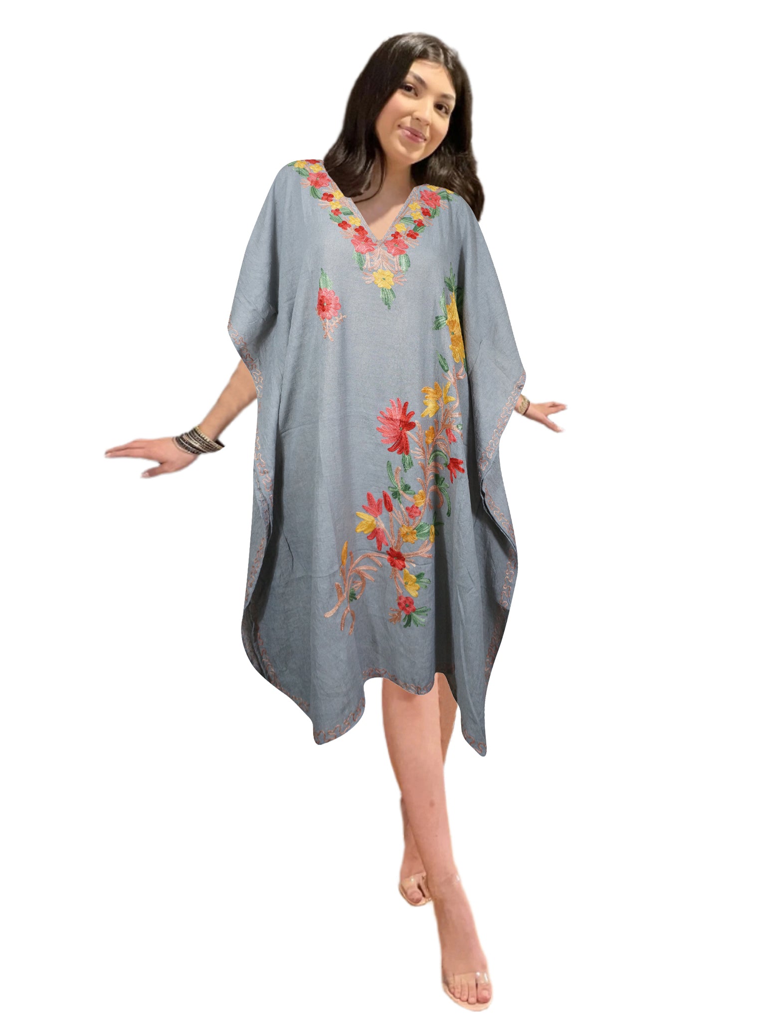 Women's Gray Cotton Embroidered Muumuu Caftan Short Dress - Plus Size 2X Kimono Style Beach Cover Up for Summer Vacation & Boho Chic Outfits