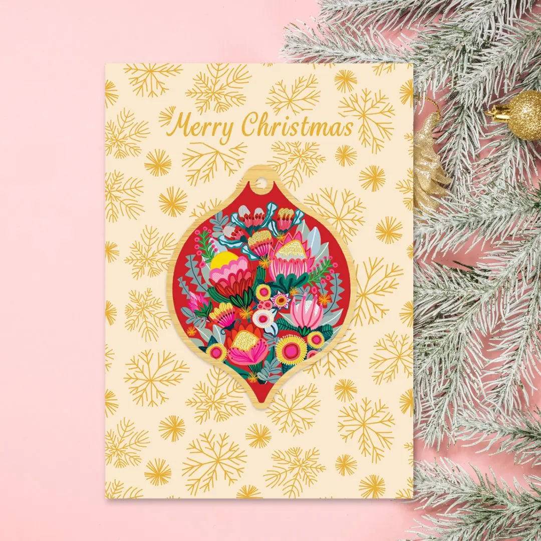 Flowers of Oz Australian Christmas Card & Bauble - Festive Holiday Greeting Card with Ornament for Xmas Tree Decorations & Gift Giving