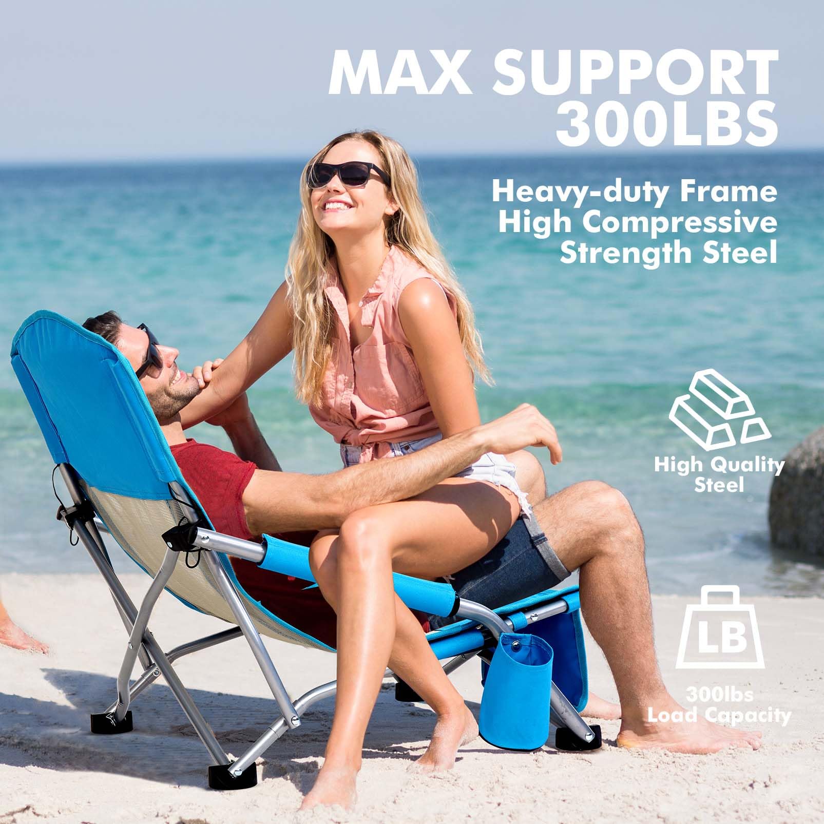AKSOUL Folding Beach Chair for Adults - Portable High/Low Back Camping Chair with Carry Bag, Extra Wide Seat & Comfortable Pillow - Perfect for Beach, Picnic, Backyard, Travel and Outdoor Activities (Blue, 1 Pack & 2 Pack Options)
