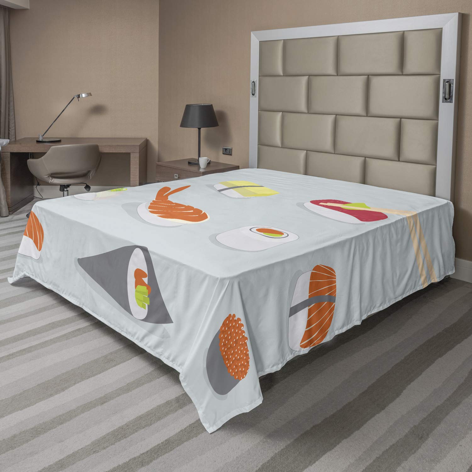 Ambesonne Sushi Themed Full Size Flat Sheet - Japanese Food Inspired Nigiri Maki & Tobiko Roll Print - Soft Decorative Bedding for Adults - Perfect for Sushi Lovers' Bedroom, Dorm Room or Themed Party Decor