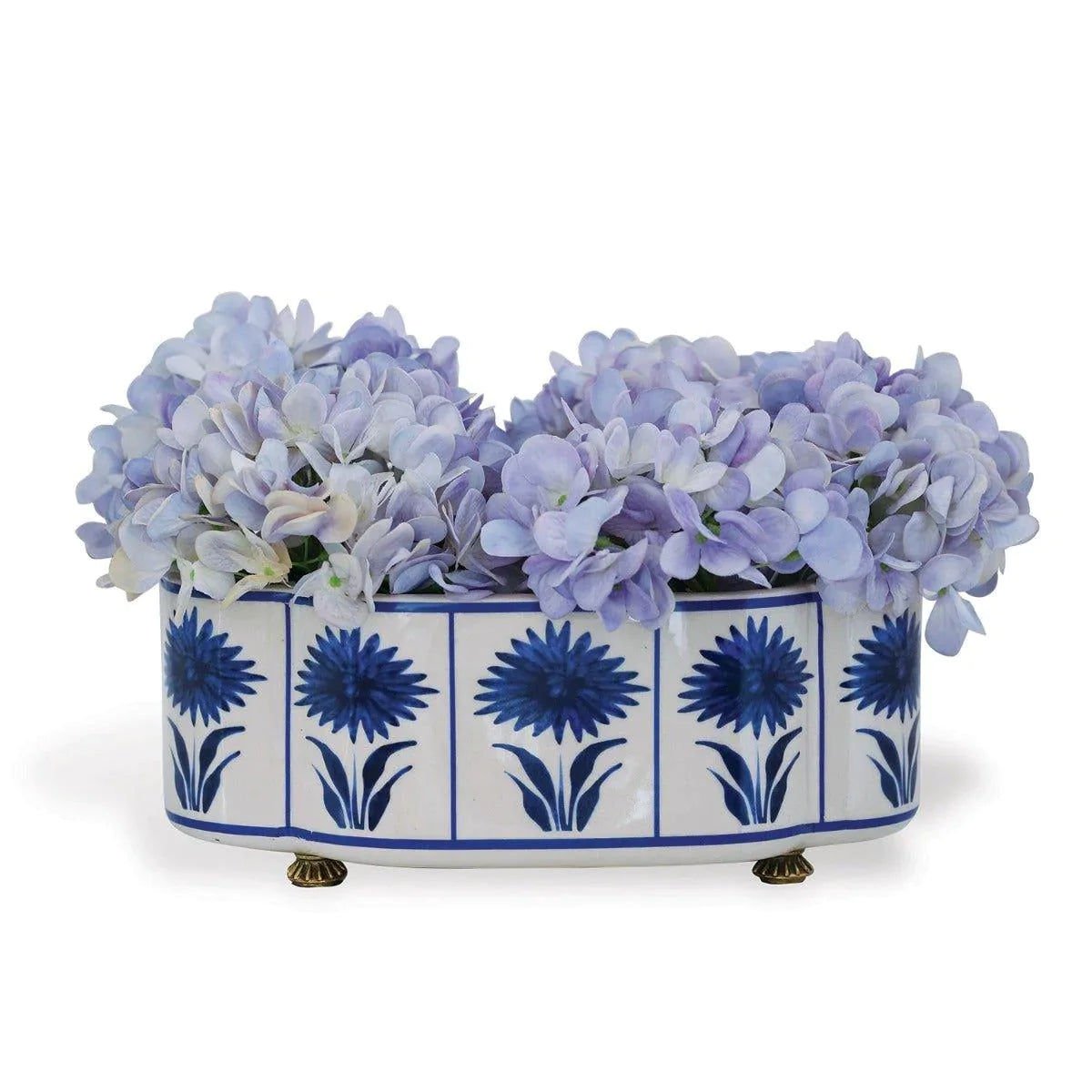 Blue and White Scallop Planter with Aster Floral Design & Brass Feet - Elegant Flower Pot for Home Decor, Indoor Plants, and Garden Display