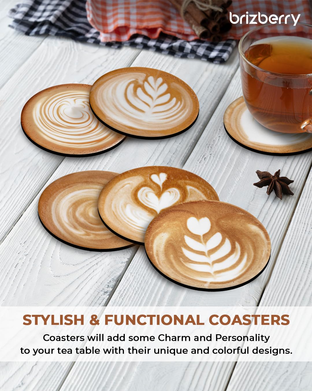 Premium Wooden Coasters Set of 6 - 3.5x3.5 Inch Absorbent & Durable for Coffee, Tea, Wine Glasses - Elegant Printed Designs for Home, Office, Restaurant Use - Brizberry Brizcoast Collection