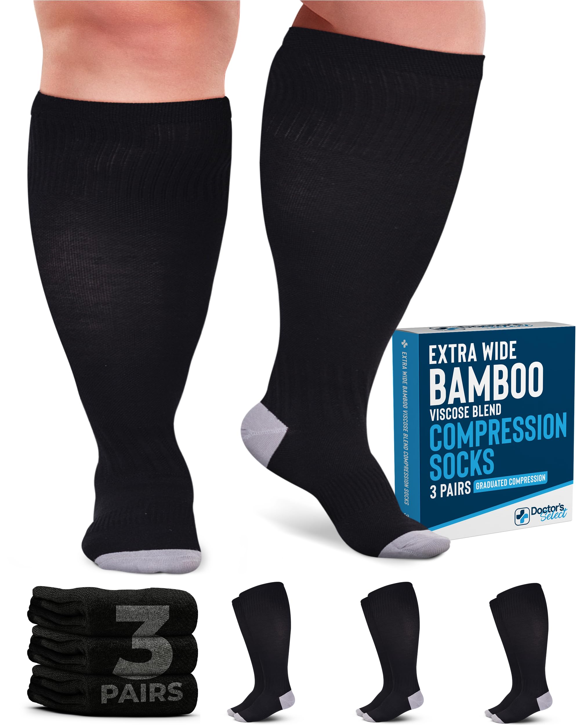 Doctor's Select 3 Pairs Plus Size Compression Socks - Wide Calf Bamboo Viscose Knee High Socks for Women & Men | Extra Support for Swelling, Varicose Veins & Circulation | Perfect for Nurses, Travel & Recovery