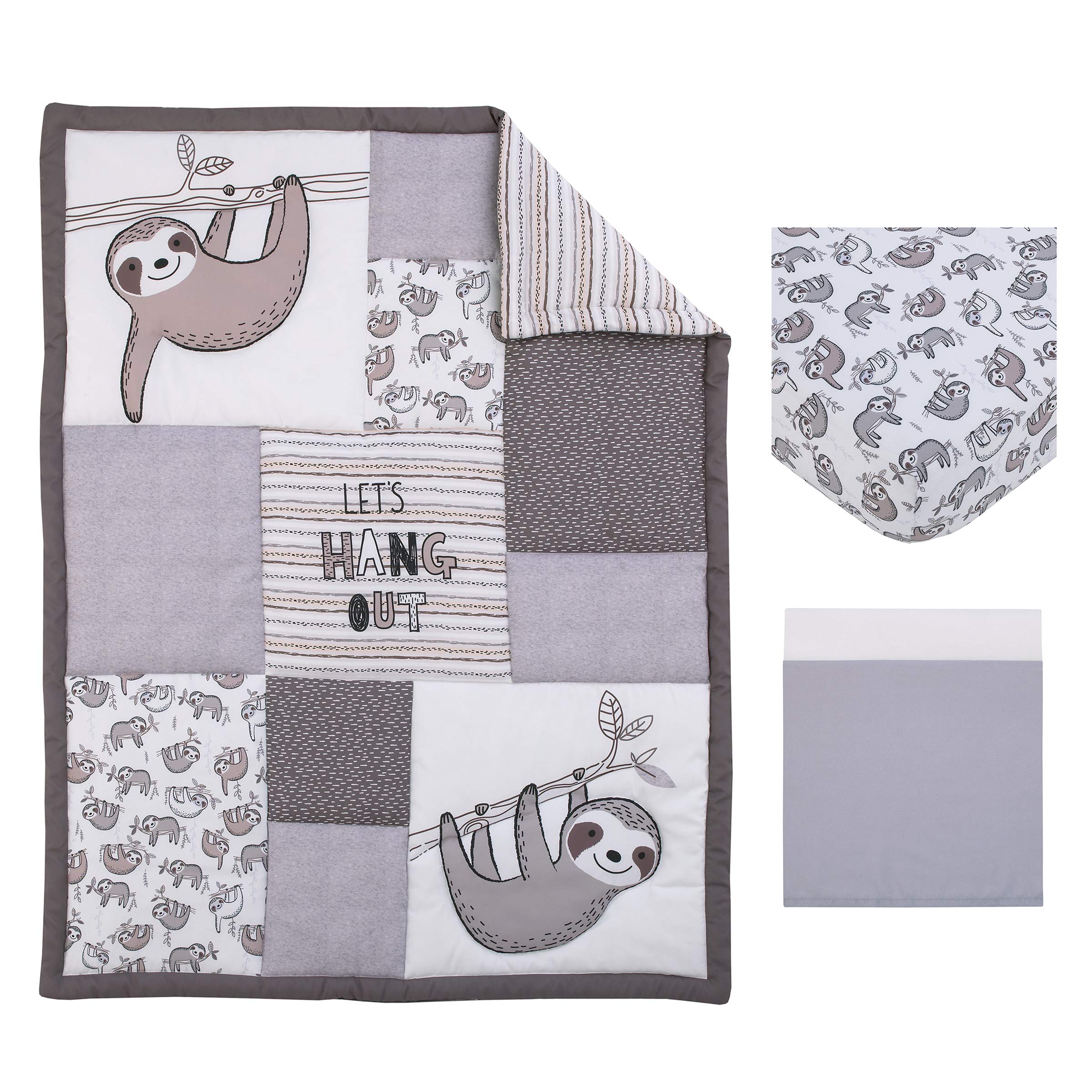 NoJo Little Love Sloth Let's Hang Out 3-Piece Nursery Crib Bedding Set - Soft Comforter, Fitted Crib Sheet & Dust Ruffle in Grey, White & Charcoal | Cozy Baby Bedding for Nursery Decor & Sleep Time