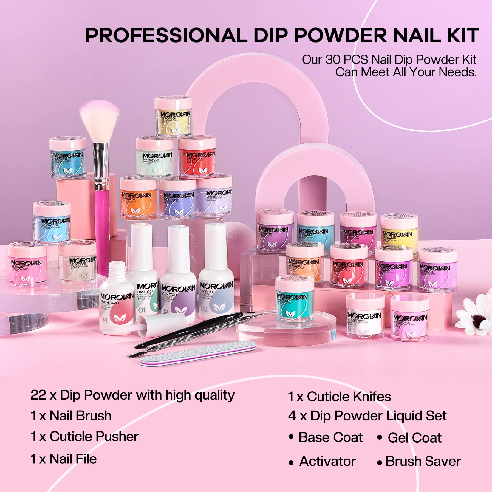 Morovan Dip Powder Nail Kit - 30 Piece Starter Set with 22 Vibrant Colors | Professional Dipping Powder & Liquid System for Salon-Quality Manicures | Perfect for Home Nail Art, DIY Gel Nails & All-Season Nail Designs