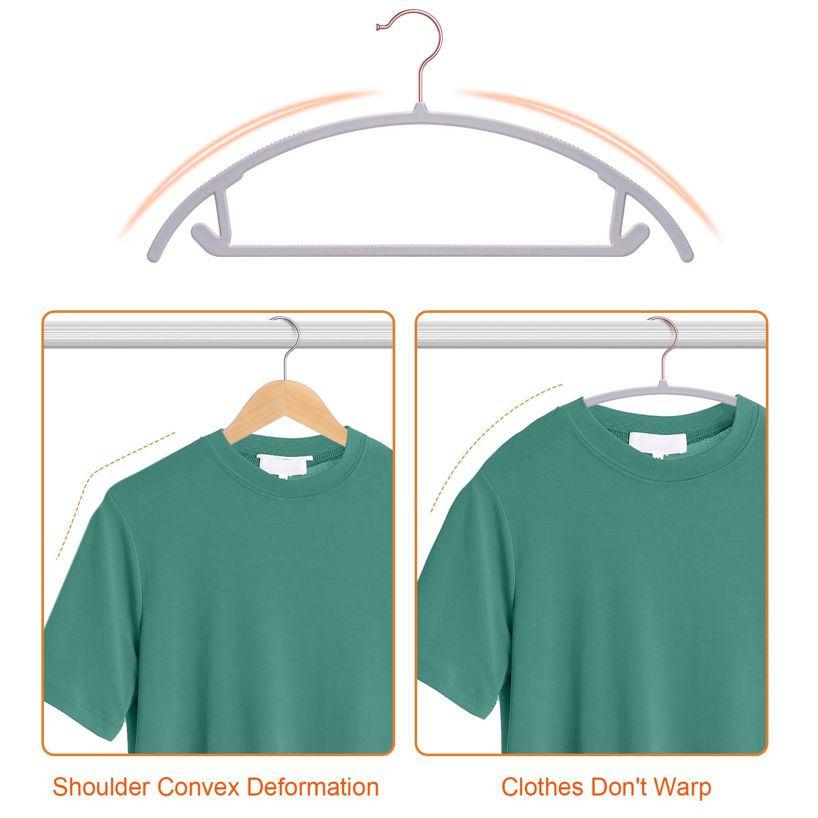 OIKA 50 Pack Rose Gold Plastic Hangers - Heavy Duty Non-Slip Space Saving Suit Hangers with Rounded Edges for Sweaters, Coats, Jackets, Pants, Shirts & Dresses - Grey - Perfect for Closet Organization and Retail Store Display