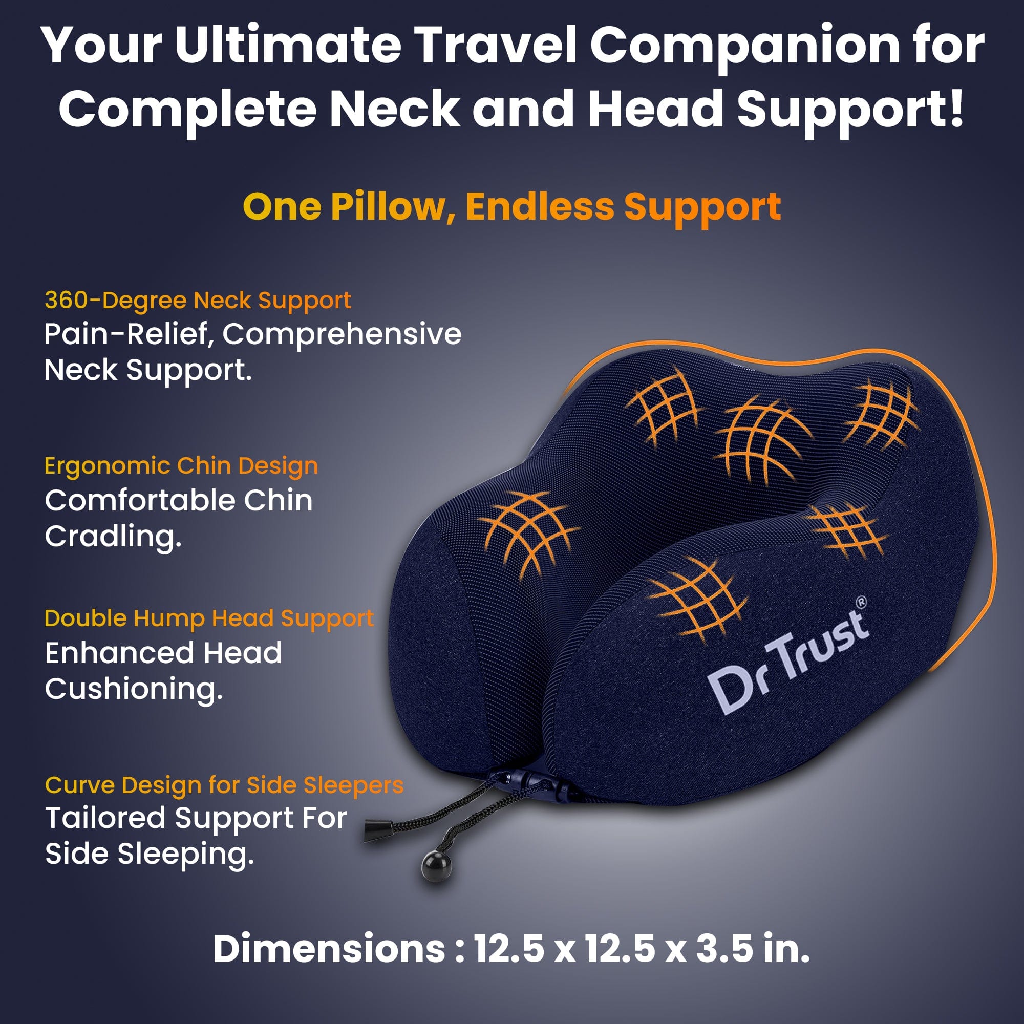 Dr Trust USA Orthopedic Memory Foam Travel Neck Pillow for Adults - Cervical Pain Relief Airplane Head Rest Support Cushion - Perfect for Long Flights, Road Trips & Office Comfort