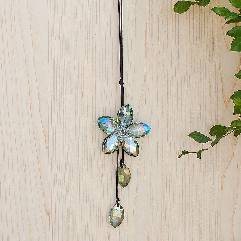 Crystal Flower Car Rear View Mirror Hanging Ornament - Green Crystal Sun Catcher Car Charm, Lucky Car Pendant for Auto Interior Decoration, Perfect for Daily Commute and Road Trips