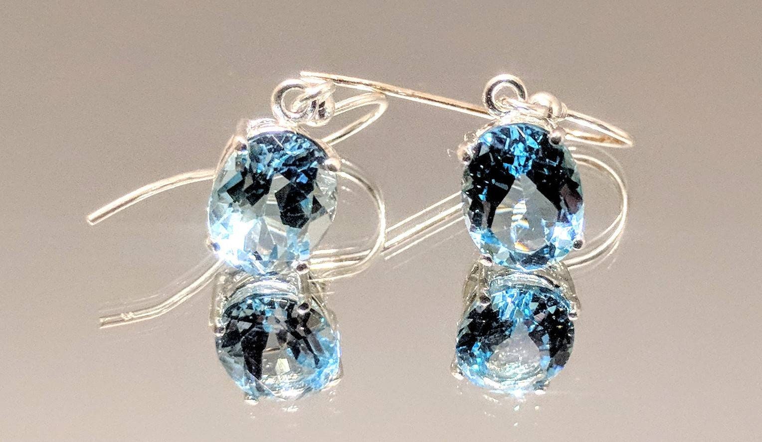 Natural Blue Topaz Dangle Earrings - Solid Sterling Silver or 14K Gold (Yellow/White/Rose) | 7x5mm & 10x8mm Oval Cut | December Birthstone Jewelry | French Wire Hoop Earrings for Women | Perfect Gift for Birthday, Anniversary & Special Occasions