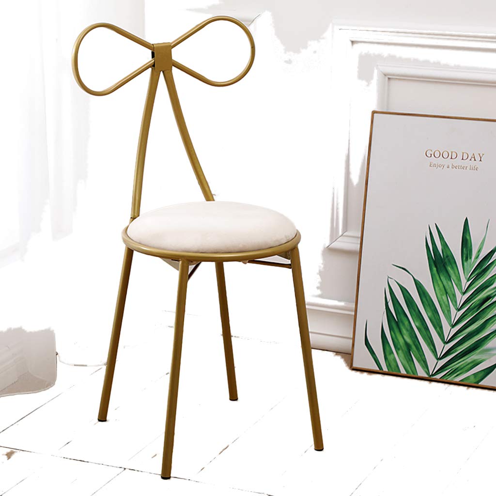 JHSLXD Gold Vanity Stool with Bow Tie Design - Elegant Metal Makeup Chair, Small Lounge Armchair for Bedroom, Reading Nook & Dining Room - White (Perfect for Girls' Room, Dressing Table & Home Decor)