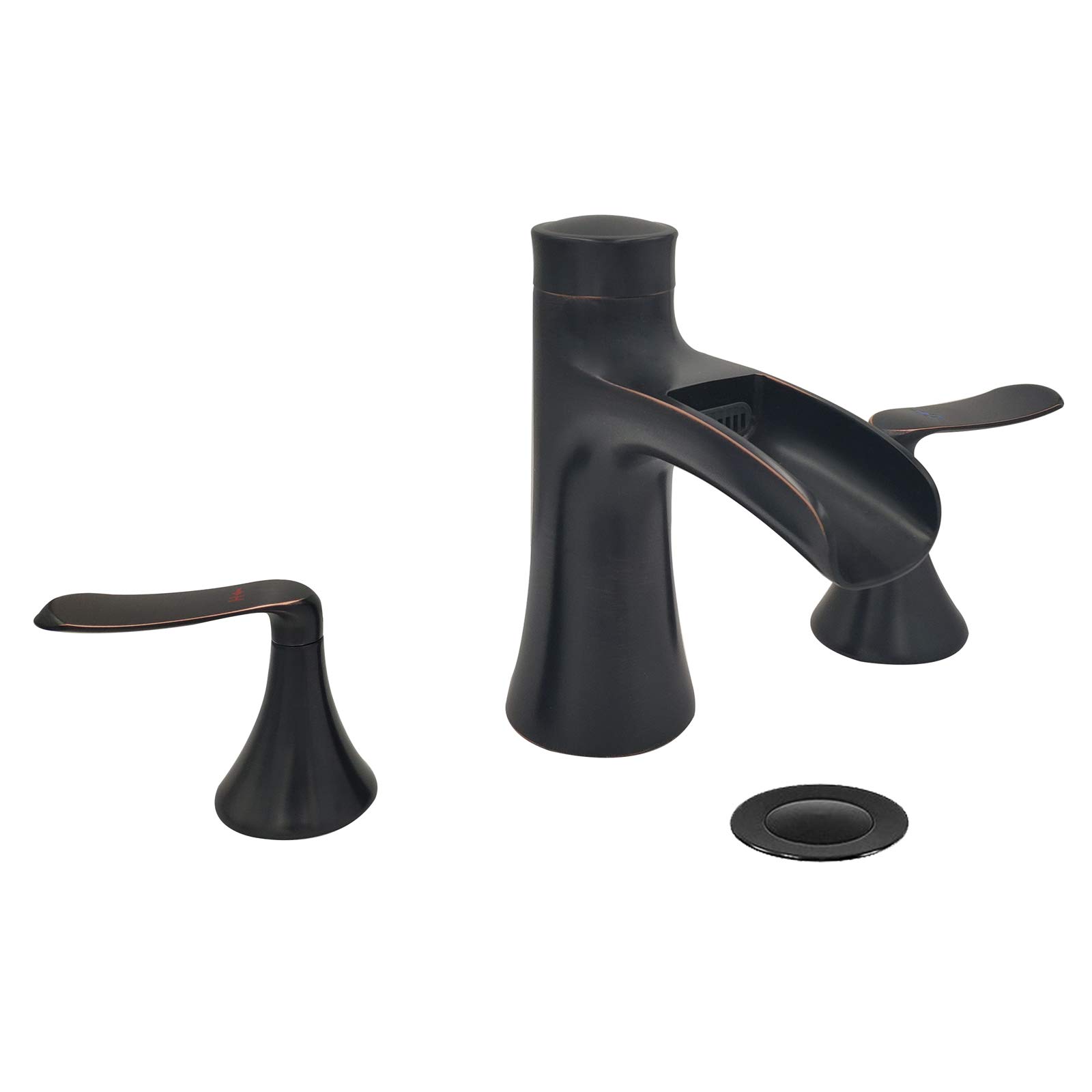Wovier Oil Rubbed Bronze Waterfall Widespread Bathroom Sink Faucet - Two Handle Three Hole Brass Lavatory Vanity Faucet with Pop Up Drain - 8-16 Inch Basin Mixer Tap for Modern Bathroom & Powder Room