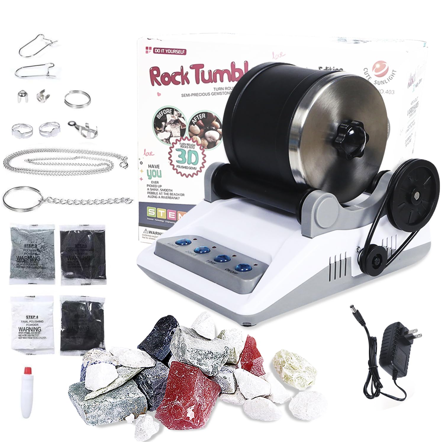 Rock Tumbler Kit for Kids & Adults - Professional Rock Polisher with 2 Belts, Rough Stones & 4-Stage Polishing Grits (Coarse, Fine, Polishing, Final Polish) - Perfect for Geology Enthusiasts, DIY Jewelry Making & Science Projects
