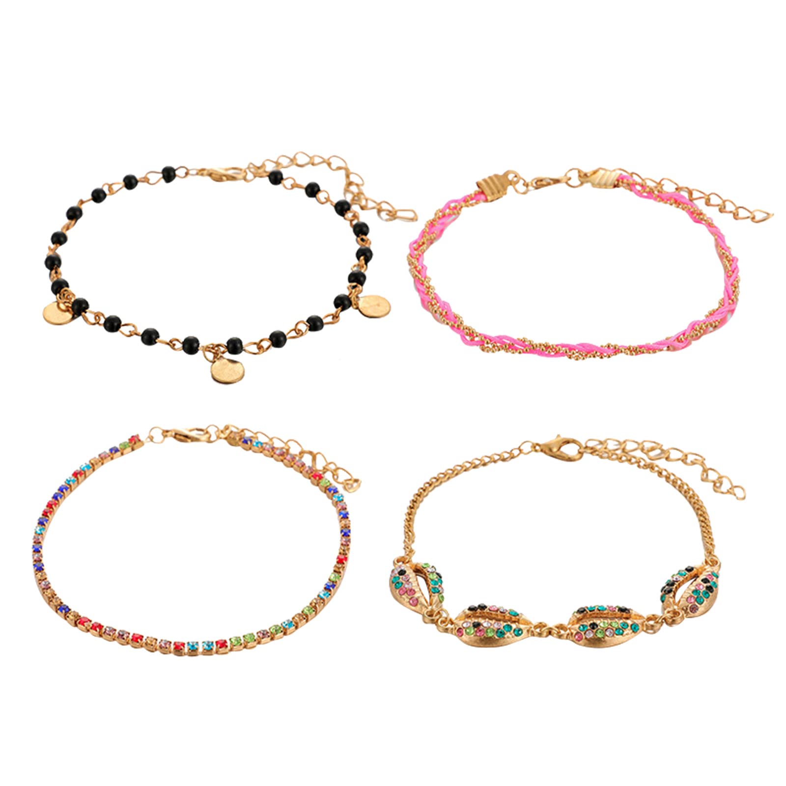 2023 New Hawaiian Beach Style Full Diamond Tassel Alloy Braided Anklet & Ring Set - 4 Piece Charm Jewelry Collection for Women, Summer Vacation, Beach Party & Boho Fashion Accessories