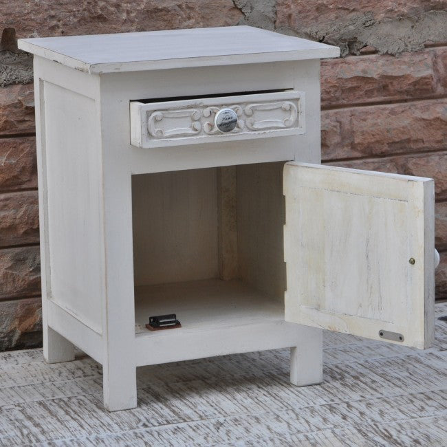 Hand Carved Solid Wood Bedside Table - Natural White Finish Nightstand with Drawer for Bedroom, Living Room & Office Furniture