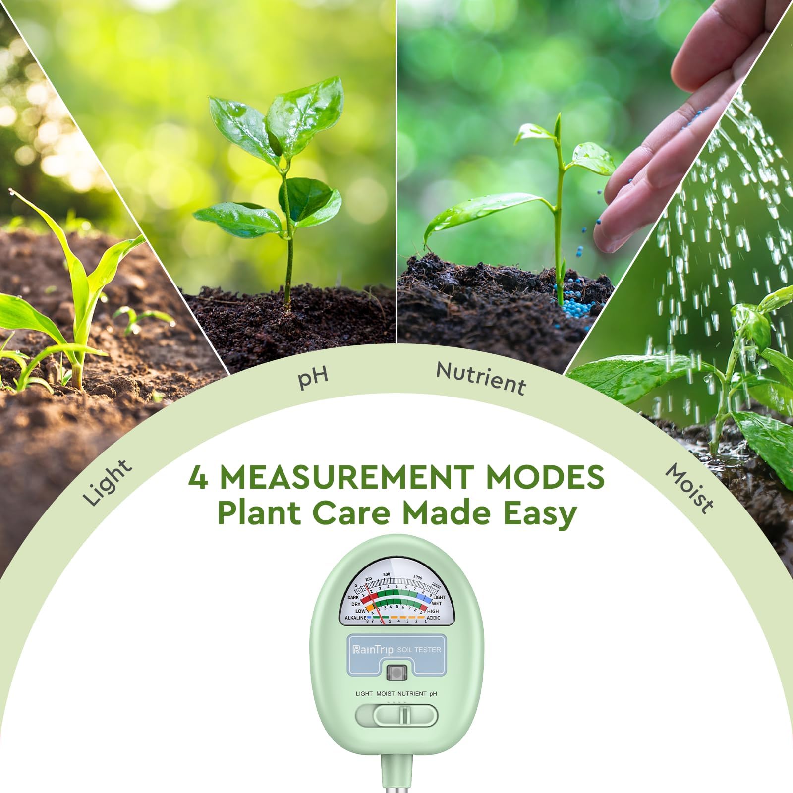 4-in-1 Soil Moisture Meter - Plant Moisture, Light, Nutrients & pH Tester for Garden, Lawn, Farm | Indoor/Outdoor Soil Test Kit | No Battery Needed | Perfect for Houseplants, Vegetable Gardens & Hydroponics