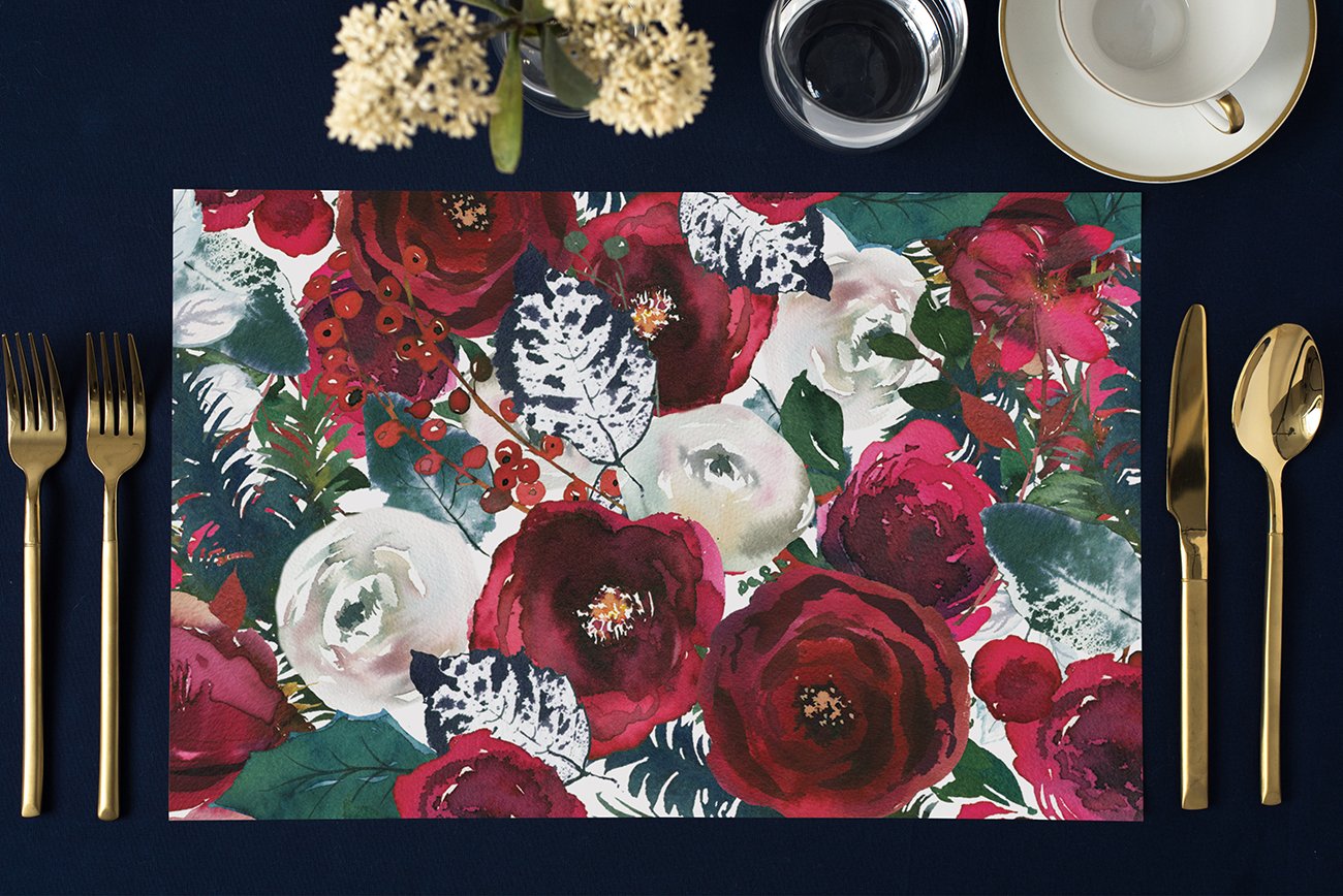 Christmas Disposable Table Placemats - Set of 25 Elegant Floral Holiday Party Place Mats (17