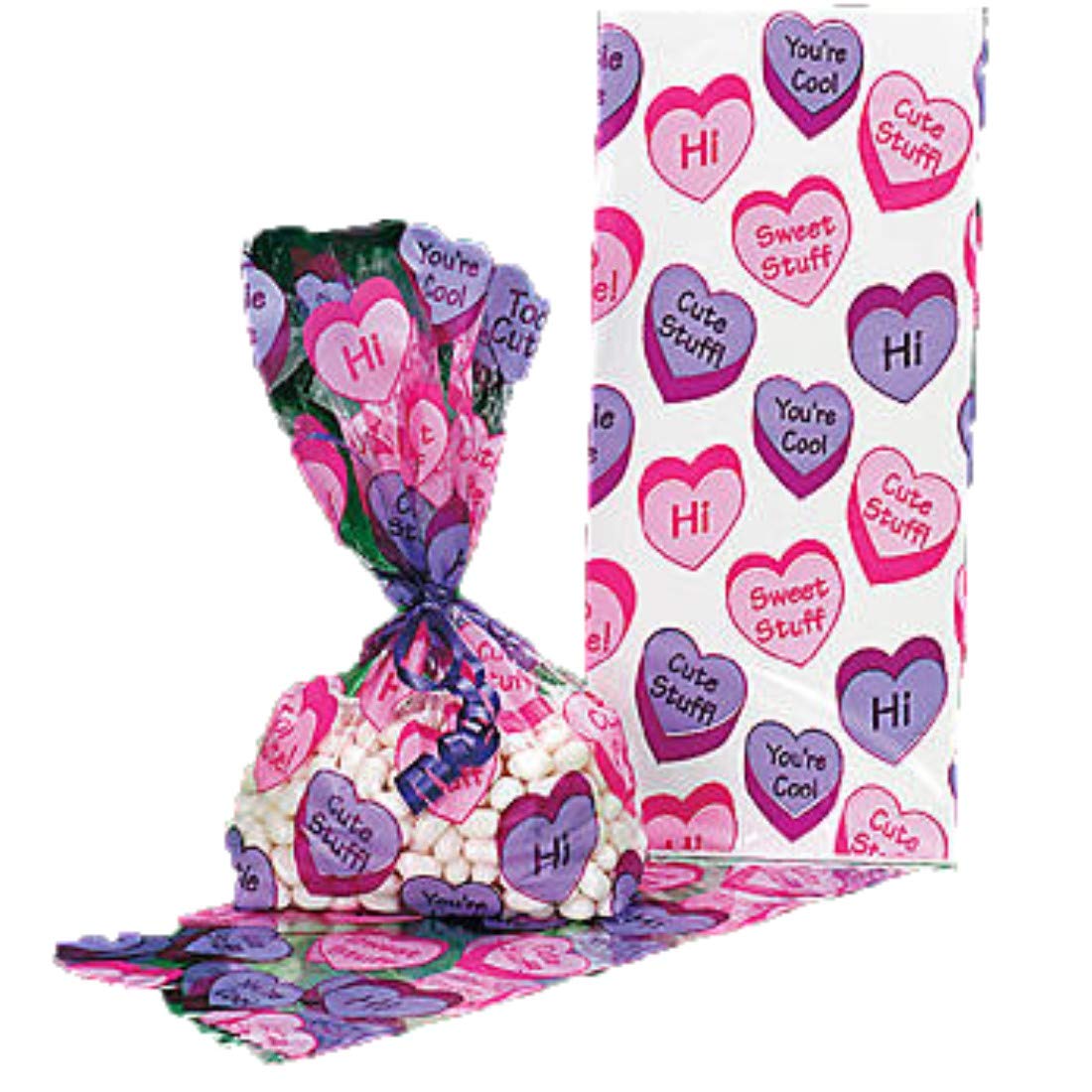 12 Valentine's Day Conversation Heart Party Favor Bags - Cellophane Goody Bags for Candy, Cookies & Sweets - Perfect for Valentine's Day Parties, Classroom Treats & Gift Exchanges