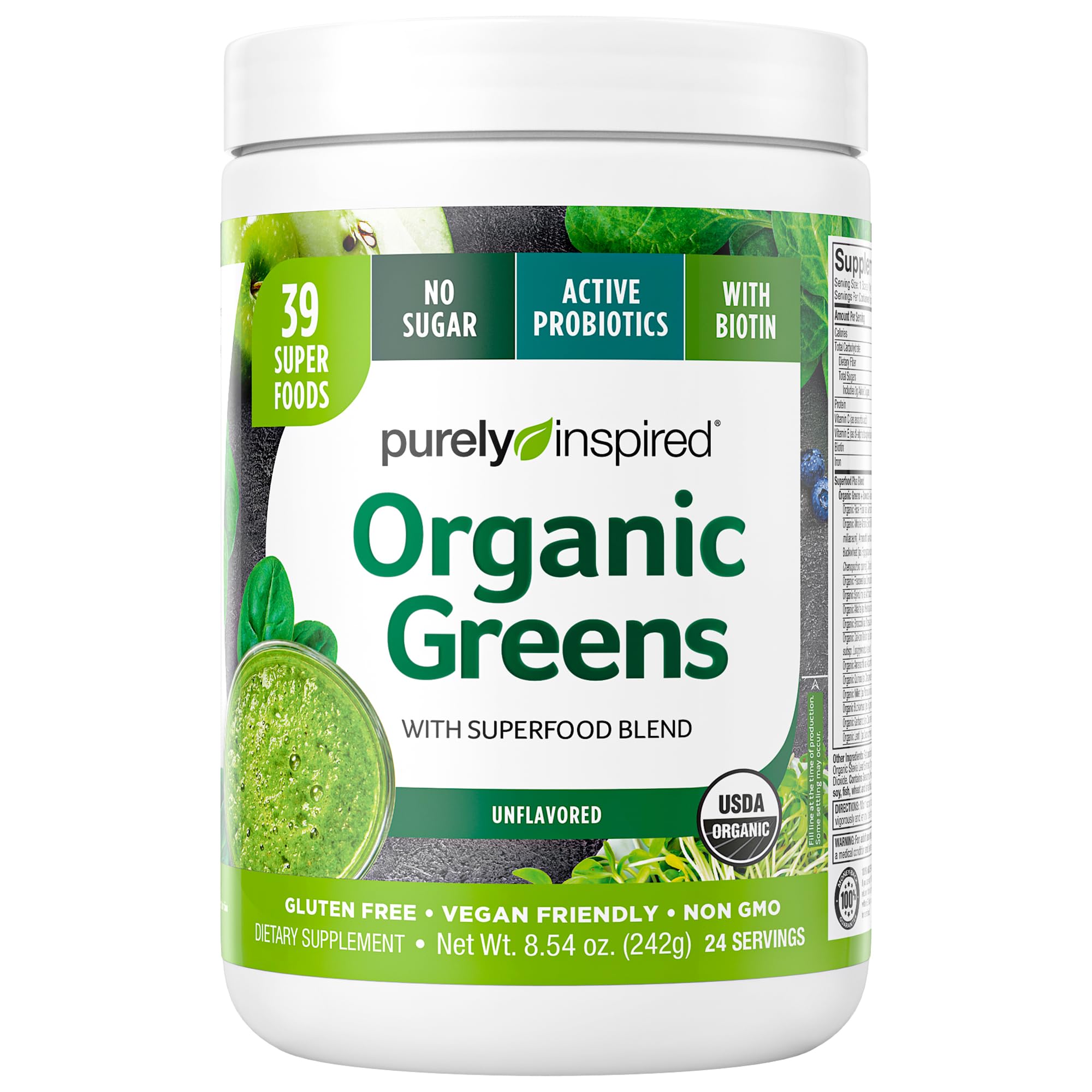 Organic Greens Powder Smoothie Mix - Purely Inspired Superfood Supplement, Unflavored, 24 Servings (8.57 oz) | Boost Energy & Immunity - Perfect for Smoothies, Juices & Healthy Lifestyles