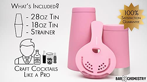 Professional Cocktail Shaker Set - Stainless Steel Boston Shaker with Strainer & Weighted Cups - Rubber Coated Matte Pink Bar Tools for Home Bartending & Mixology - Perfect for Cocktail Parties, Home Bars & Professional Use