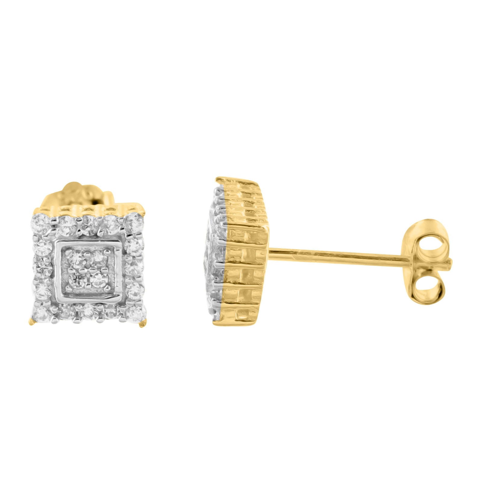 Lab-Created Diamond Yellow Gold Plated Sterling Silver Square Stud Earrings for Women - Perfect for Weddings, Parties & Everyday Elegance