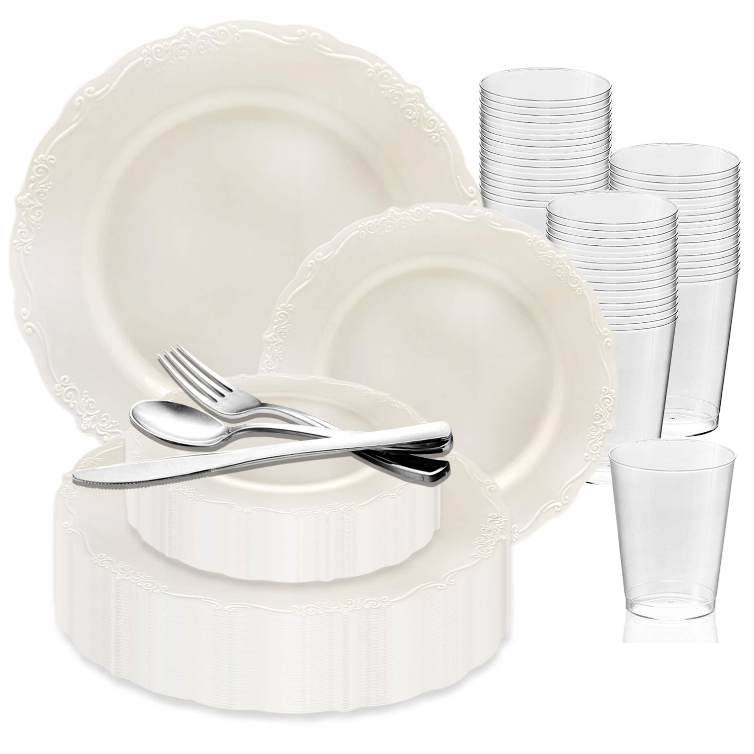 720-Piece Elegant Disposable Plastic Dinnerware Set for 120 Guests - Vintage Ivory Dinner Plates, Dessert Plates, Silverware & Cups for Wedding, Birthday, Party | Premium Plastic Cutlery for Catering, BBQ, Picnic & Special Events