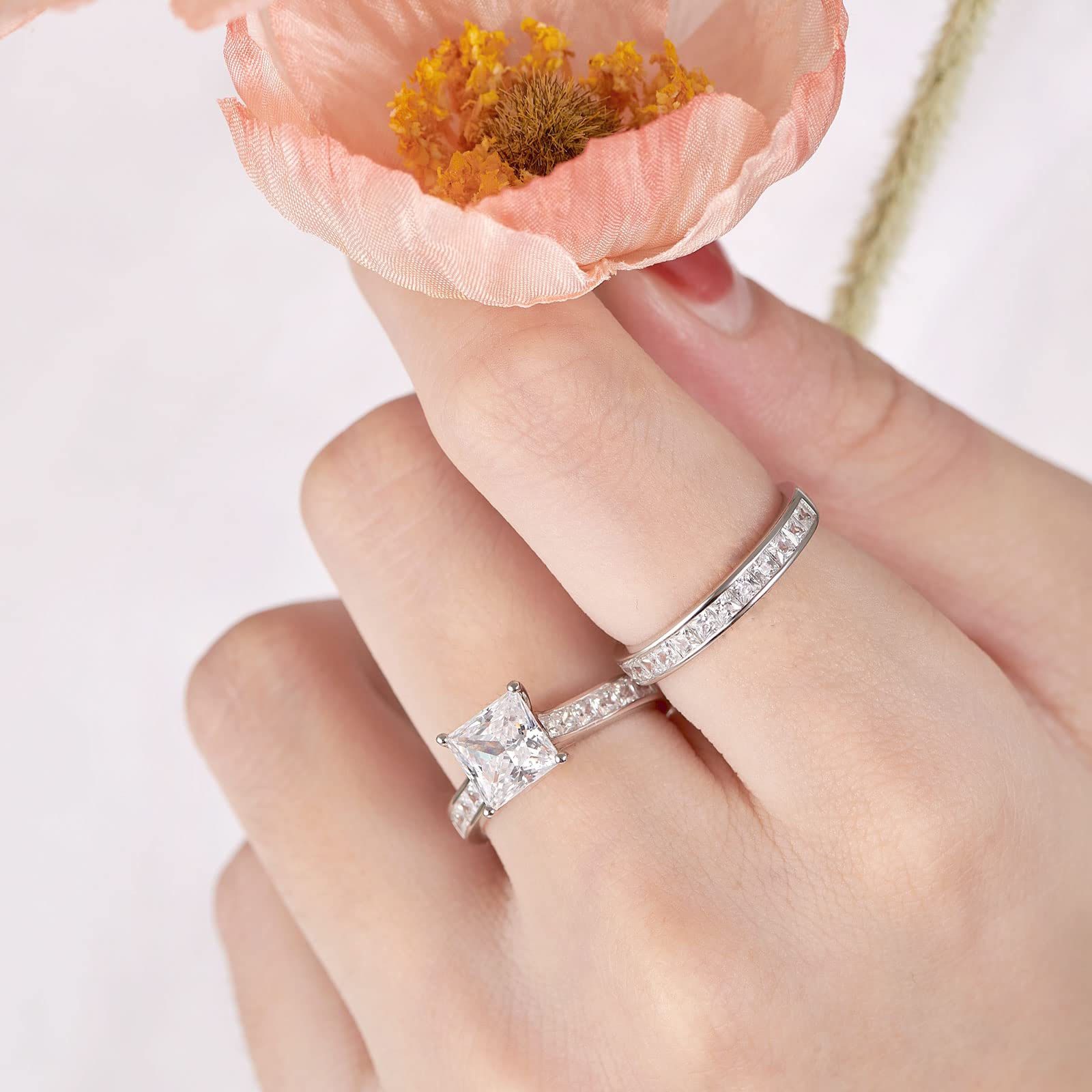 SHELOVES Princess Cut Cubic Zirconia Wedding Ring Set - Sterling Silver Engagement & Bridal Rings for Women (Size 4.5-13) | Perfect for Proposals, Anniversaries & Romantic Occasions