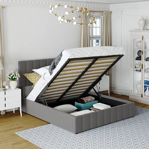 Queen Size Upholstered Platform Bed with Storage - Wooden Bed Frame with Hydraulic Lift System, Headboard & Underbed Storage (Gray) - Perfect for Small Bedrooms, Guest Rooms & Space-Saving Home Decor