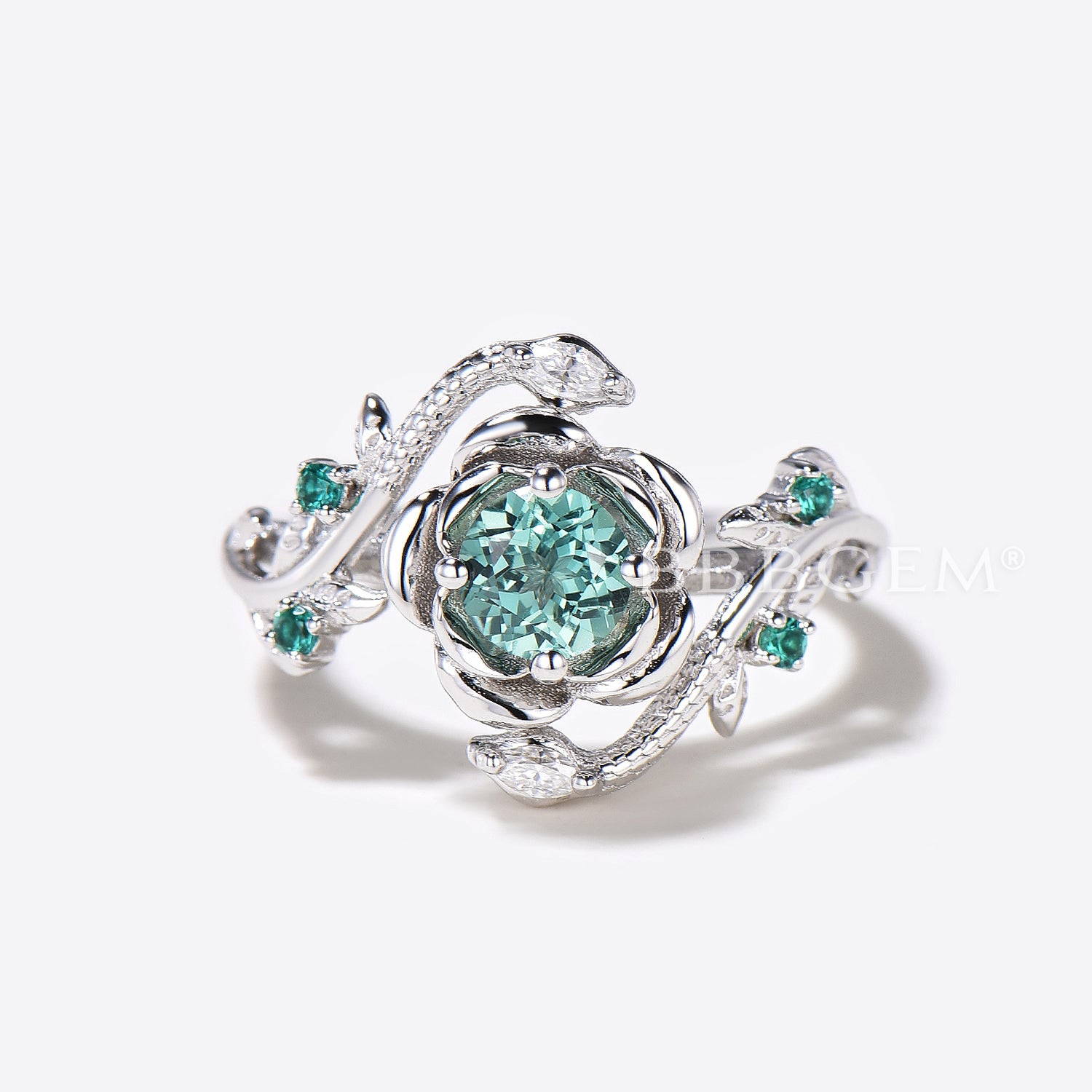 White Gold Snake Engagement Ring with Round Green Sapphire - Elegant Floral Design for Women, Perfect for Wedding, Proposal, Anniversary & Special Occasions
