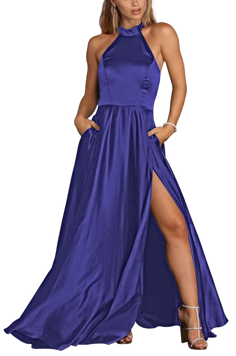Elegant Long Satin Prom Dresses for Women - Halter Formal Evening Gowns with High Slit for Homecoming, Prom Night & Special Occasions