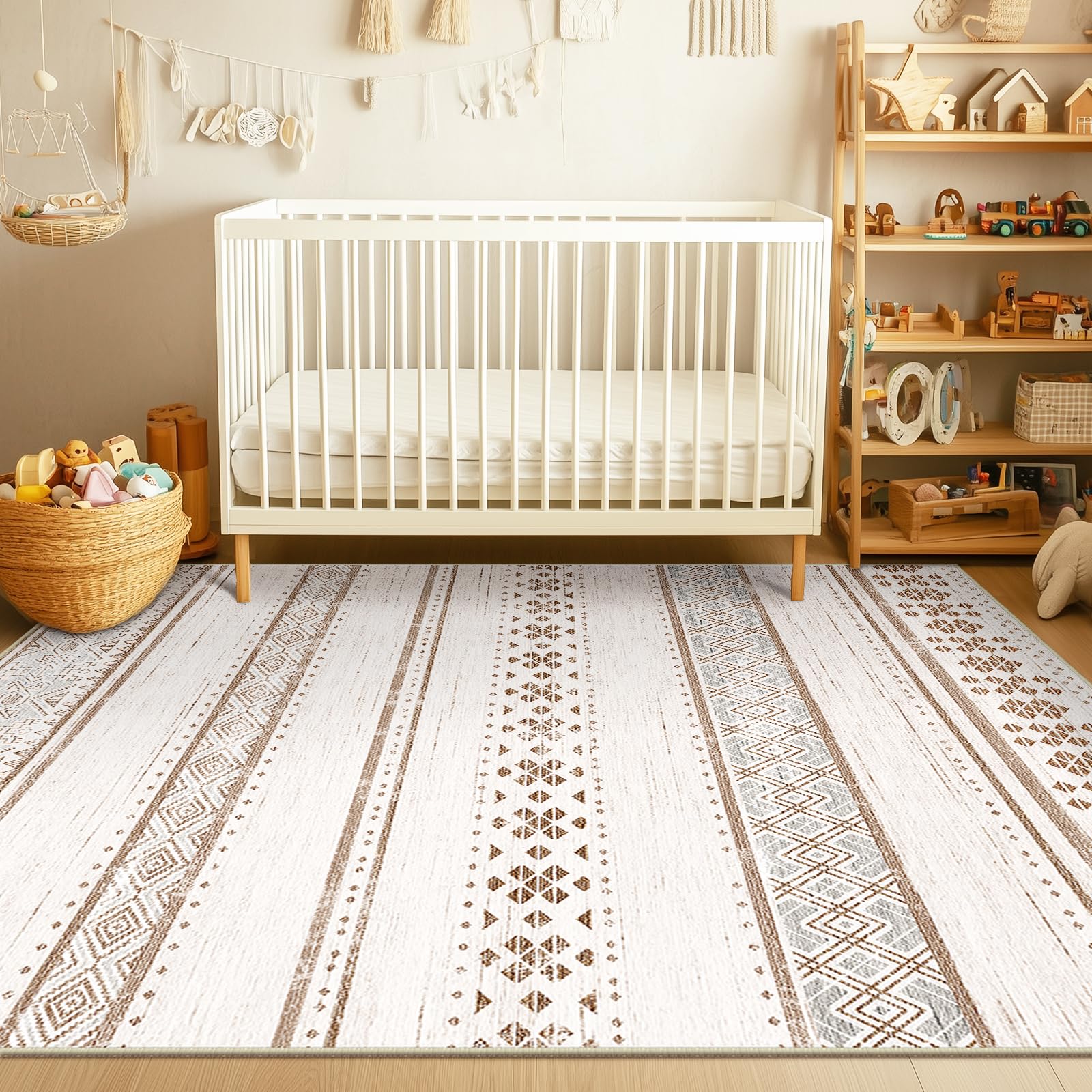BESTSWEETIE 8x10 Washable Moroccan Farmhouse Area Rug - Soft Low Pile Non-Slip Geometric Print in Cream/Brown/Pink - Perfect for Living Room, Bedroom, Kitchen, Dining Room & Entryway - Neutral Decor for Cozy Home & Farmhouse Style