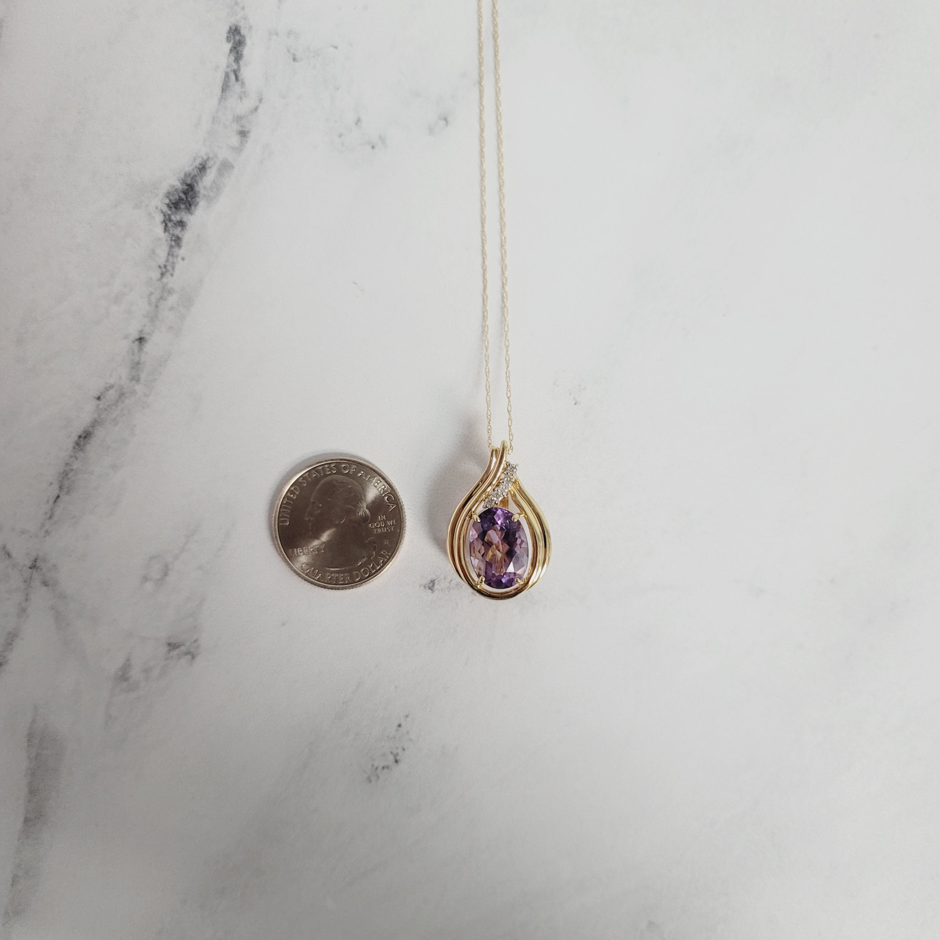 14K Yellow Gold Teardrop Oval Amethyst Necklace with Diamond Accents | Elegant Jewelry for Women | Perfect for Weddings, Anniversaries & Special Occasions