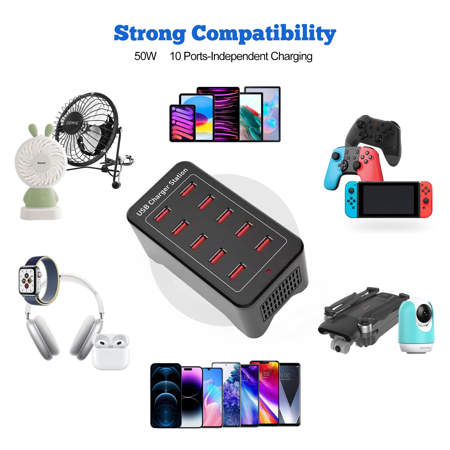 50W 10-Port USB Charging Station - Fast Multi-Device Desktop Charger Hub for iPhone 12/13/14/15, Samsung S24/S23/S22, Tablets & More - Perfect for Home, Office & Travel Use